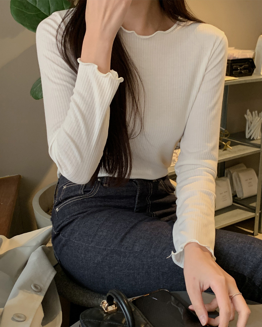 韓國Cherrykoko授權 日常可愛木耳滾邊壓紋修身上衣