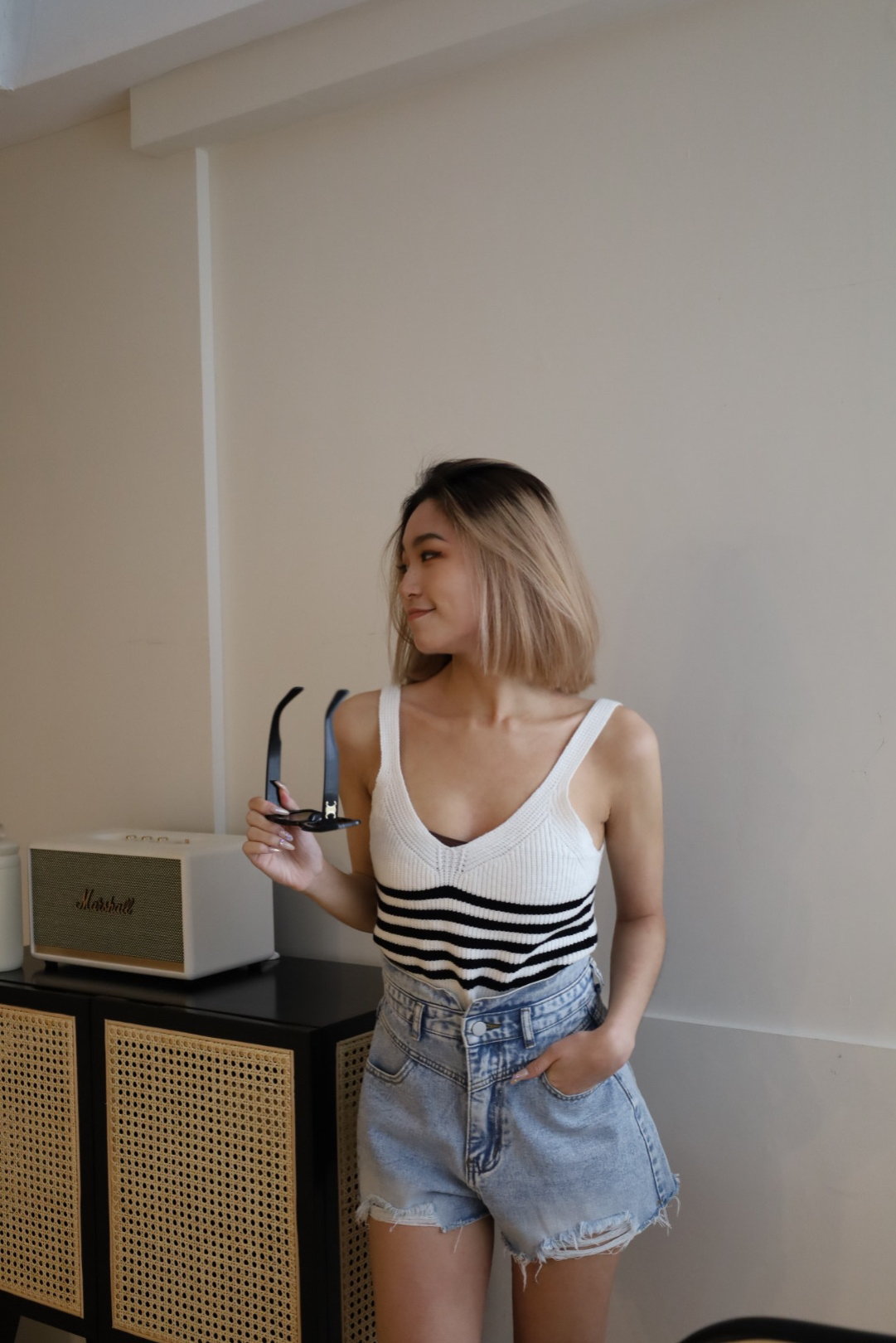 歐美條紋薄針織背心