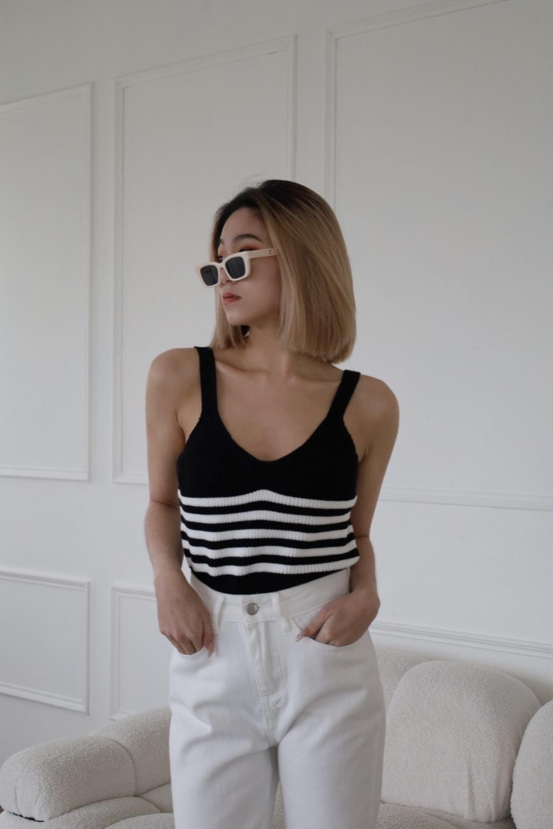 歐美條紋薄針織背心