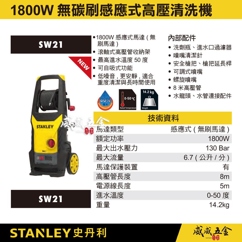 STANLEY 美國 史丹利｜1800W｜130bar 插電感應式高壓清洗機 插電式洗車機｜SW21｜公司貨