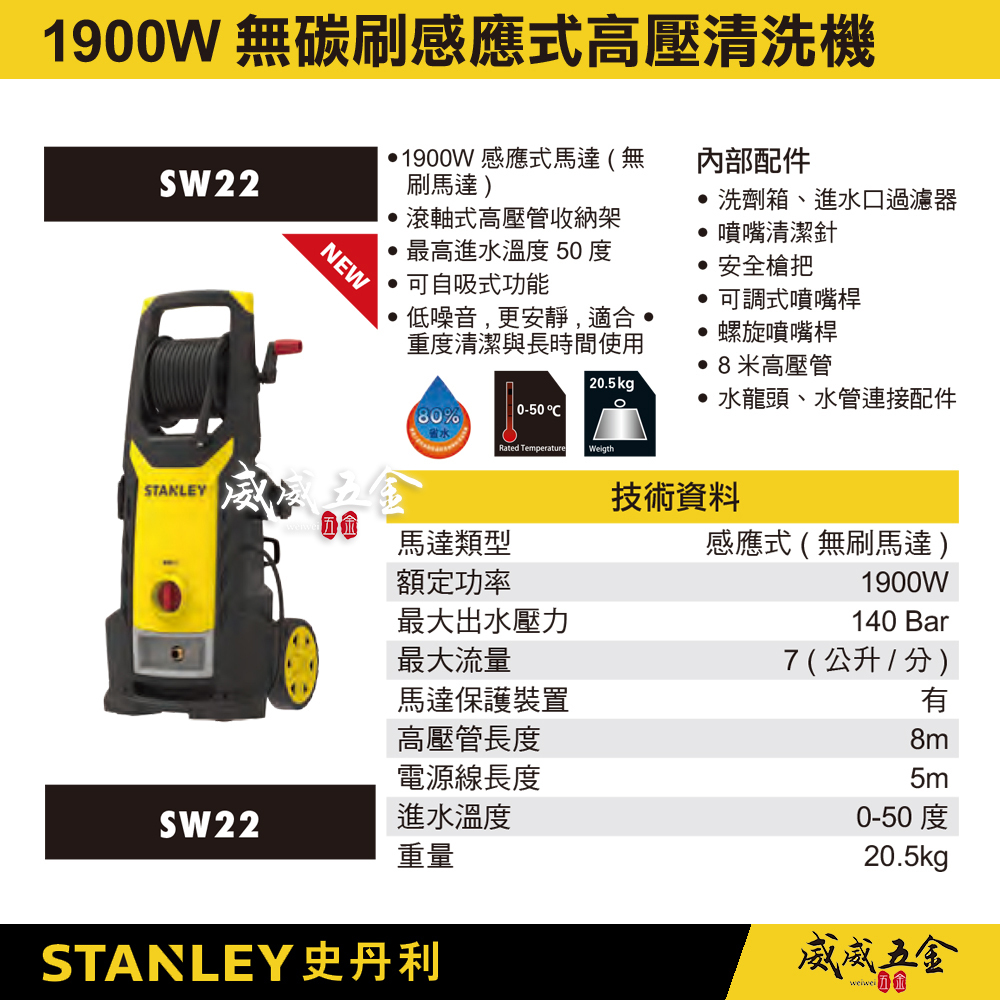 STANLEY 美國 史丹利｜1900W｜140bar 插電感應式高壓清洗機 插電式洗車機｜SW22｜公司貨