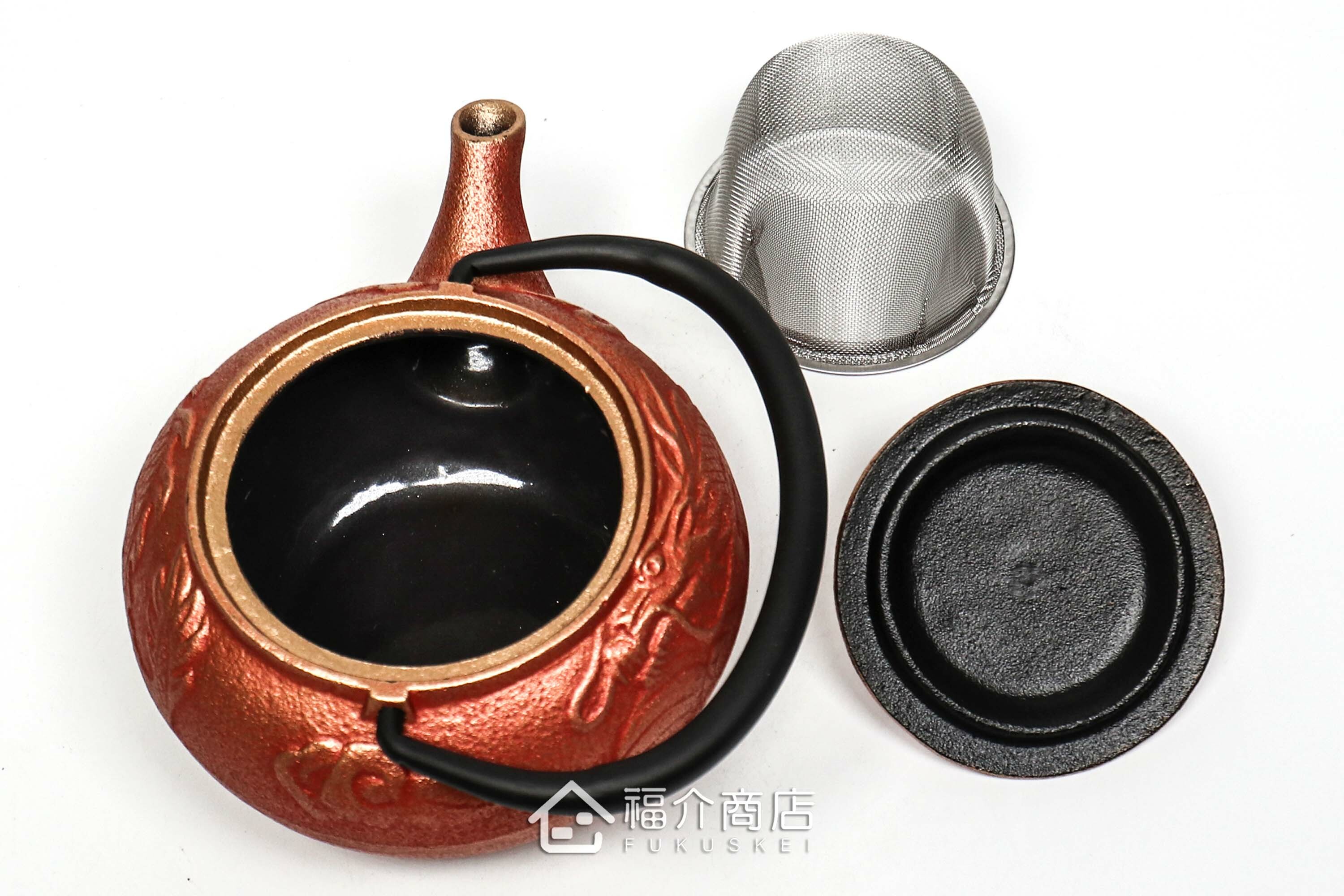 泡茶用的紅金色鑄鐵茶壺附不鏽鋼濾網