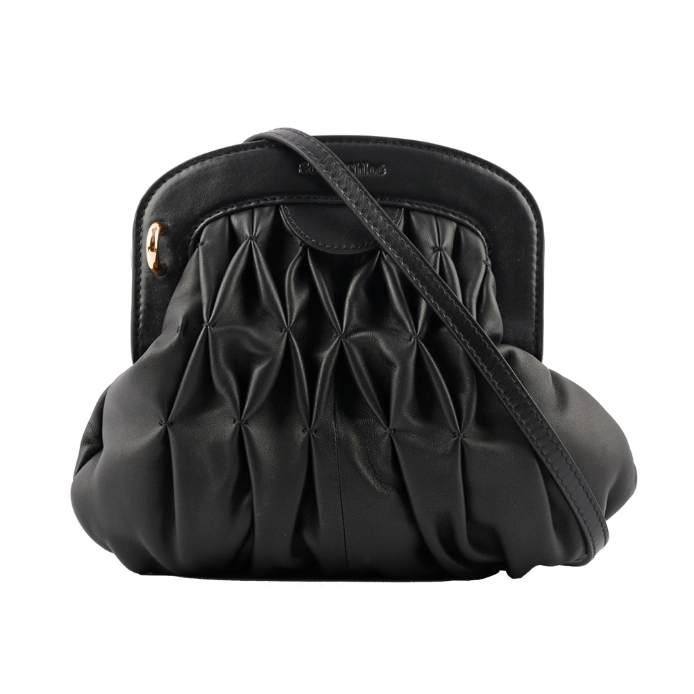 【See by Chloé】Piia 皺褶牛皮吸釦晚宴手拿/斜背包(黑色)