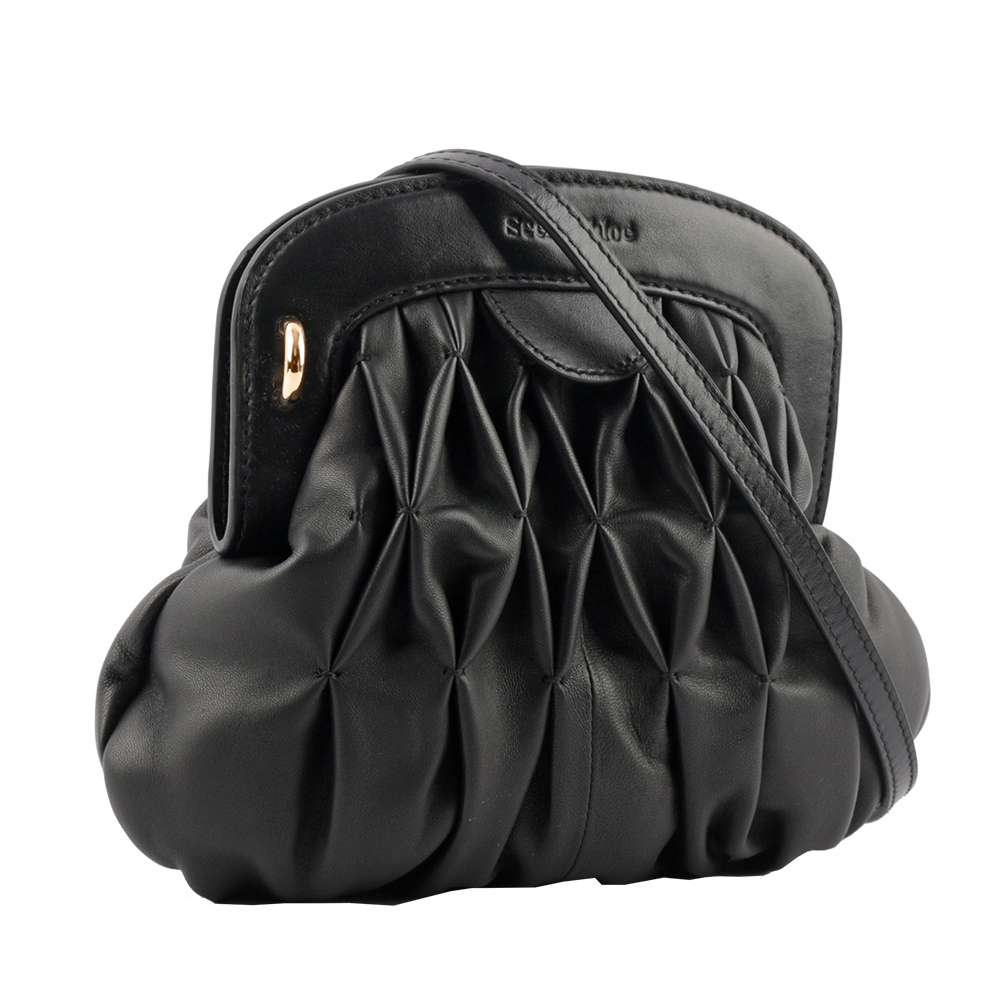 【See by Chloé】Piia 皺褶牛皮吸釦晚宴手拿/斜背包(黑色)