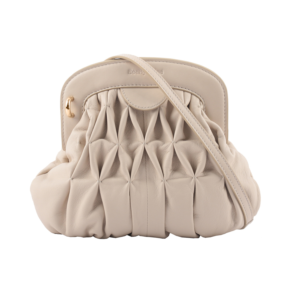 【See by Chloé】Piia 皺褶牛皮吸釦晚宴手拿/斜背包(白色)