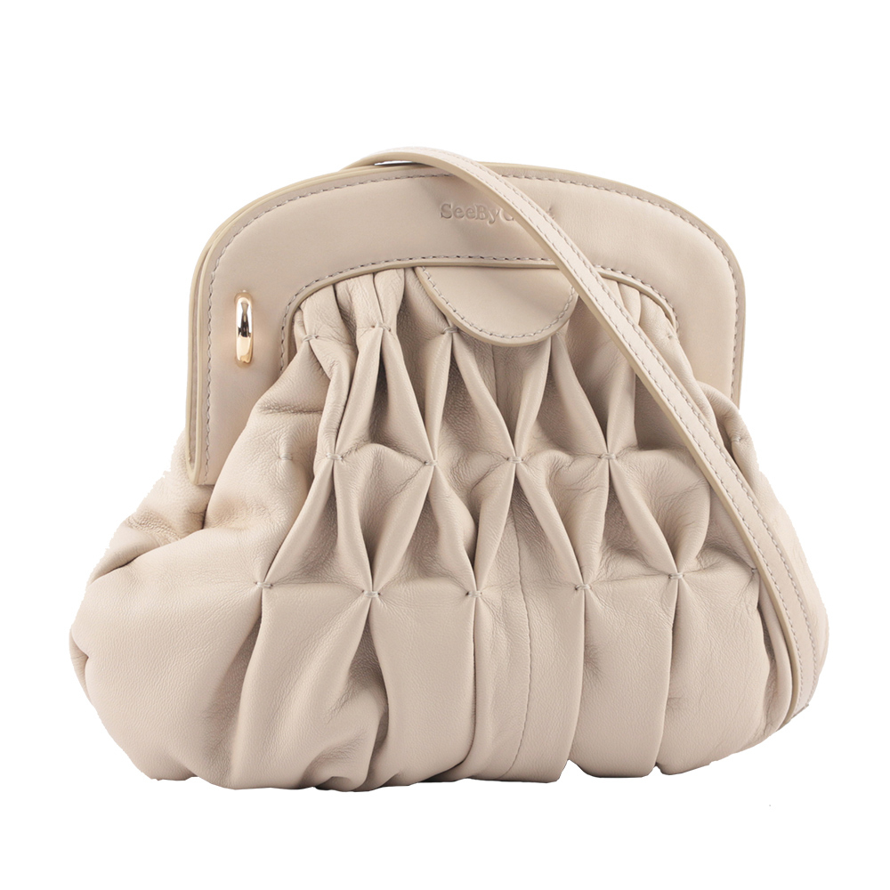 【See by Chloé】Piia 皺褶牛皮吸釦晚宴手拿/斜背包(白色)