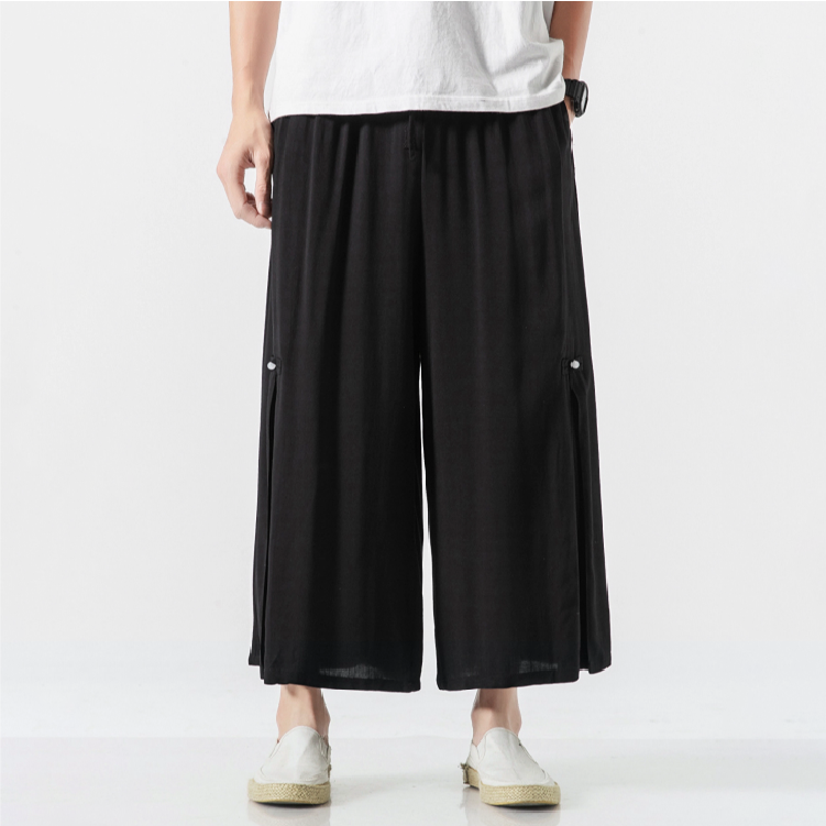 珠扣麻紗寬褲