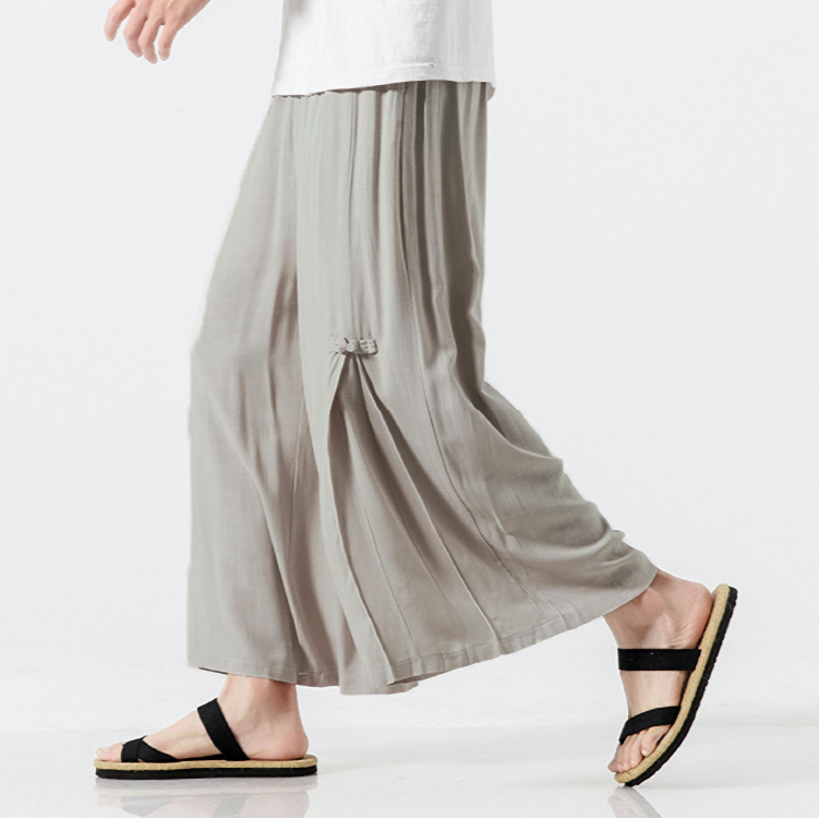 珠扣麻紗寬褲