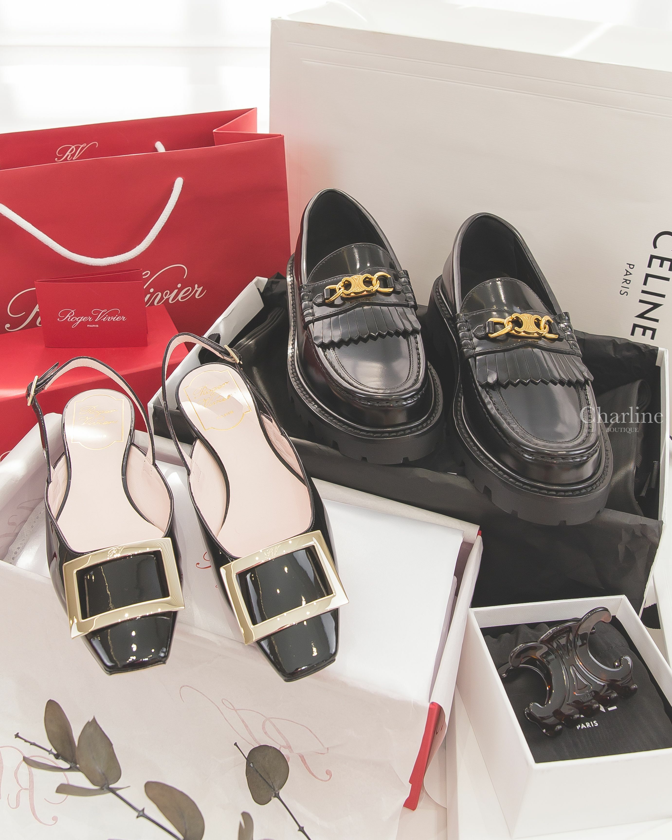 Roger Vivier 黑色漆皮淡金色方釦絆帶平底鞋,Celine 黑色金色凱旋門流蘇小牛皮厚底樂福鞋,Celine 哈瓦那深棕色大型壓克力凱旋門髮夾-Charline Boutique 精品代購