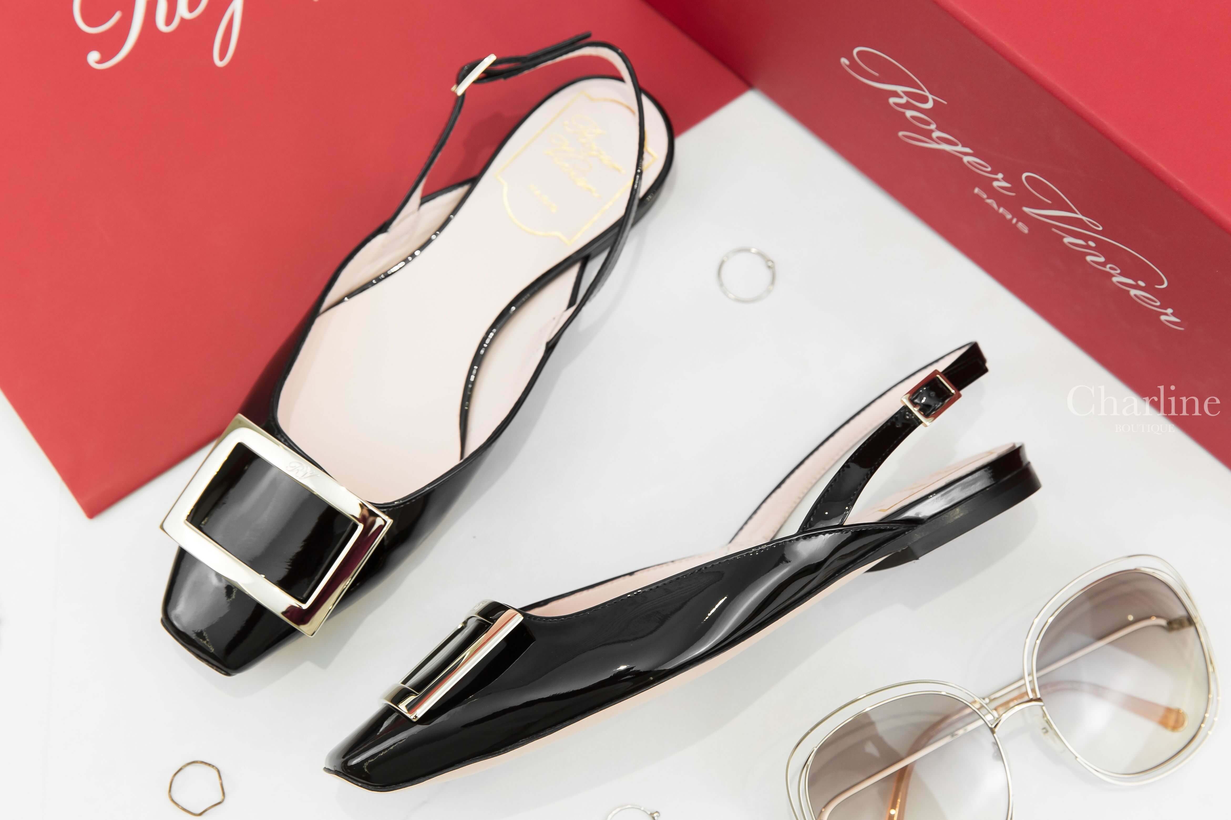 Roger Vivier Trompette Metal Buckle Slingback Ballerinas In Patent Leather 黑色漆皮淡金色方釦絆帶平底鞋-Charline Boutique 精品代購