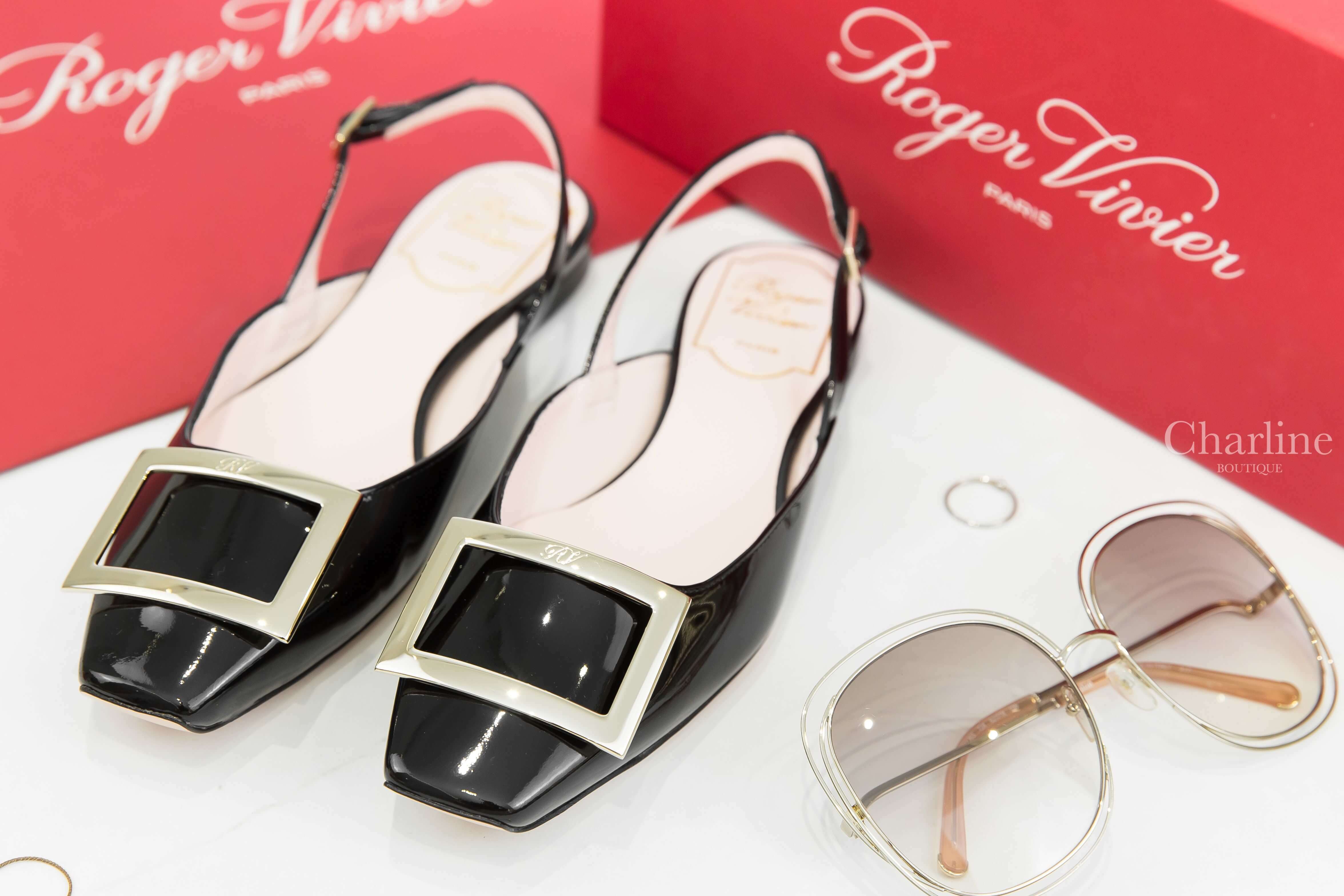 Roger Vivier Trompette Metal Buckle Slingback Ballerinas In Patent Leather 黑色漆皮淡金色方釦絆帶平底鞋-Charline Boutique 精品代購