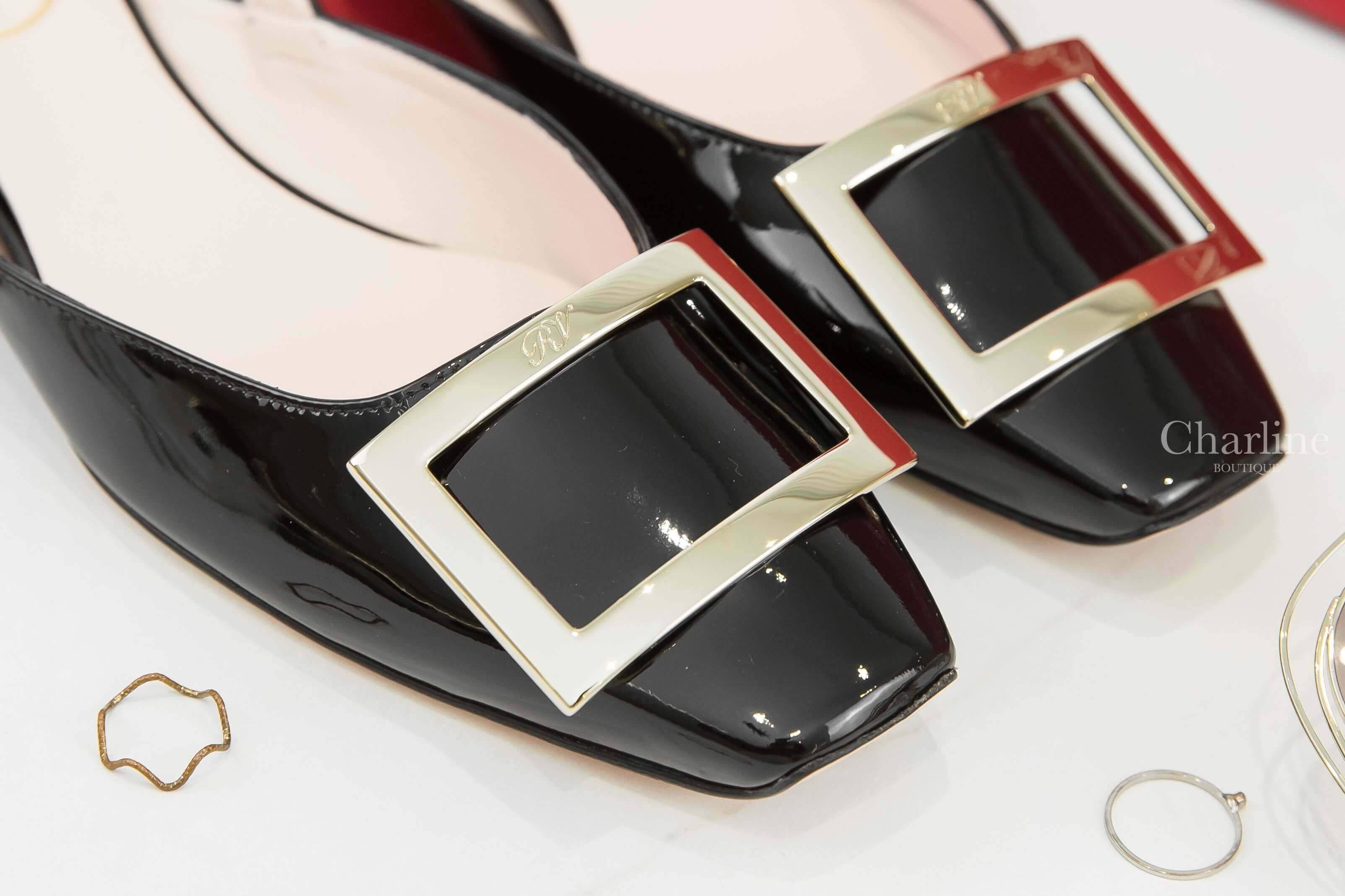 Roger Vivier Trompette Metal Buckle Slingback Ballerinas In Patent Leather 黑色漆皮淡金色方釦絆帶鞋