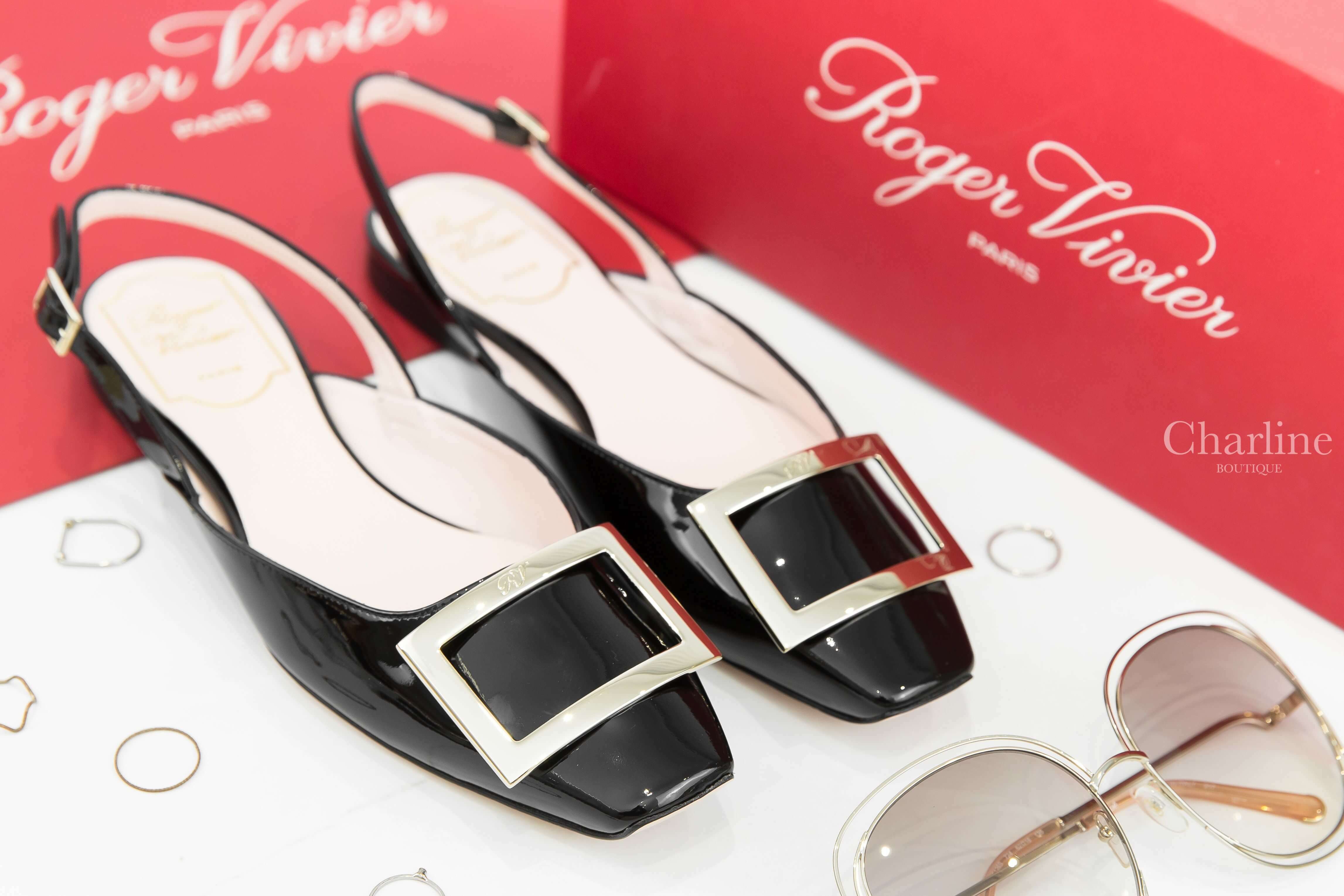 Roger Vivier Trompette Metal Buckle Slingback Ballerinas In Patent Leather 黑色漆皮淡金色方釦絆帶鞋