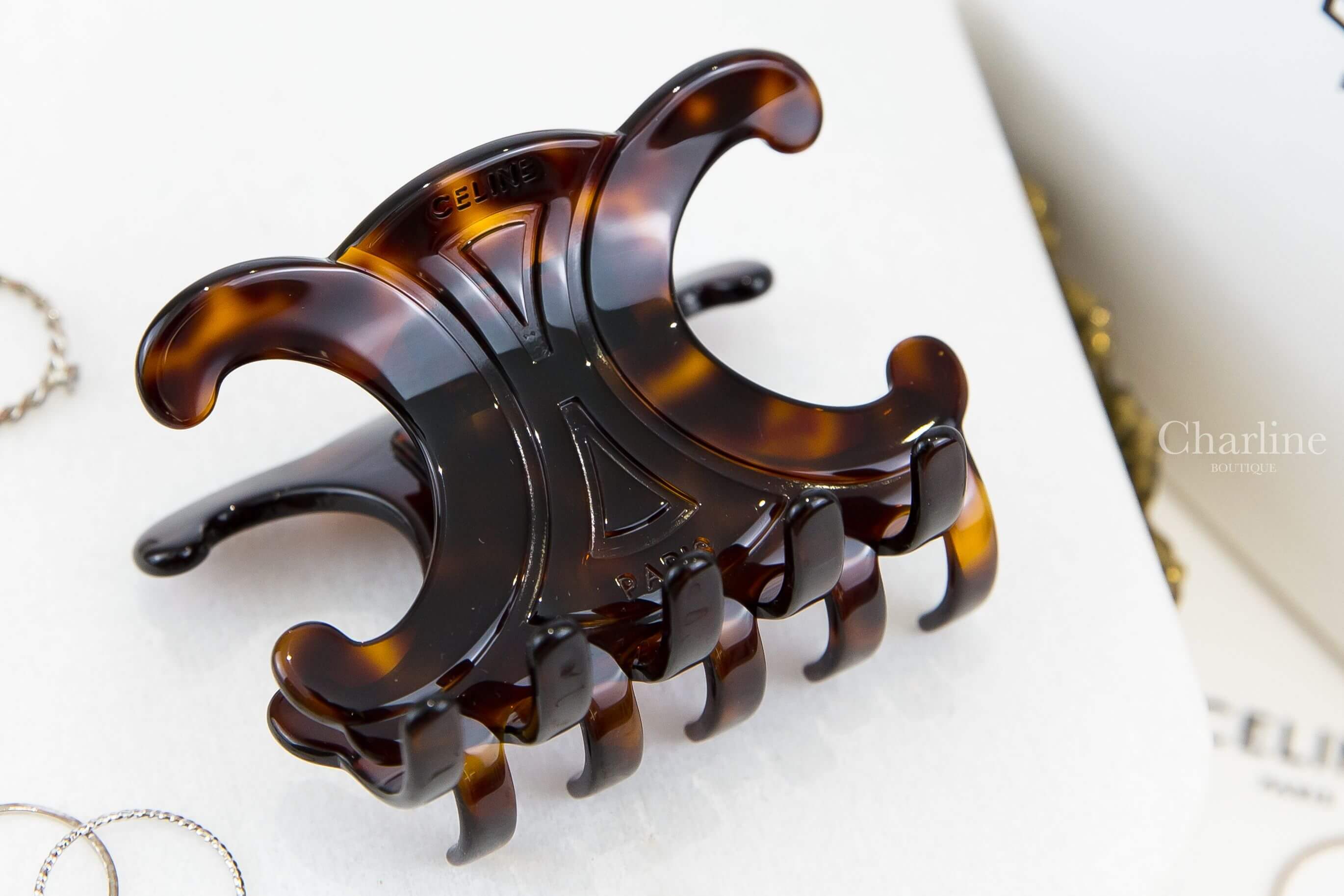 Celine Triomphe Large Hair Clip In Dark Havana Acetate And Steel 哈瓦那深棕色大型壓克力凱旋門髮夾