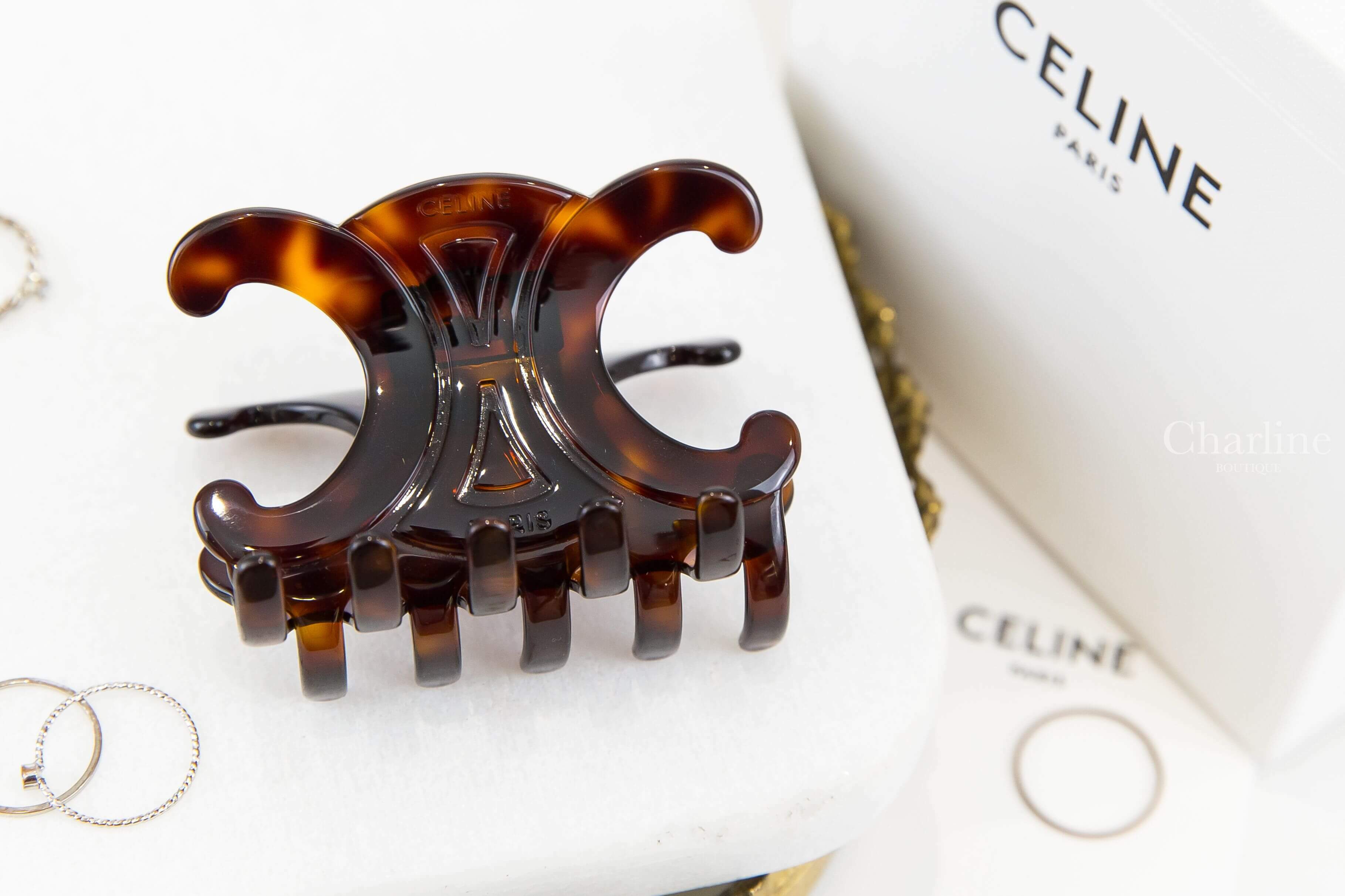 Celine Triomphe Large Hair Clip In Dark Havana Acetate And Steel 哈瓦那深棕色大型壓克力凱旋門髮夾-Charline Boutique 精品代購