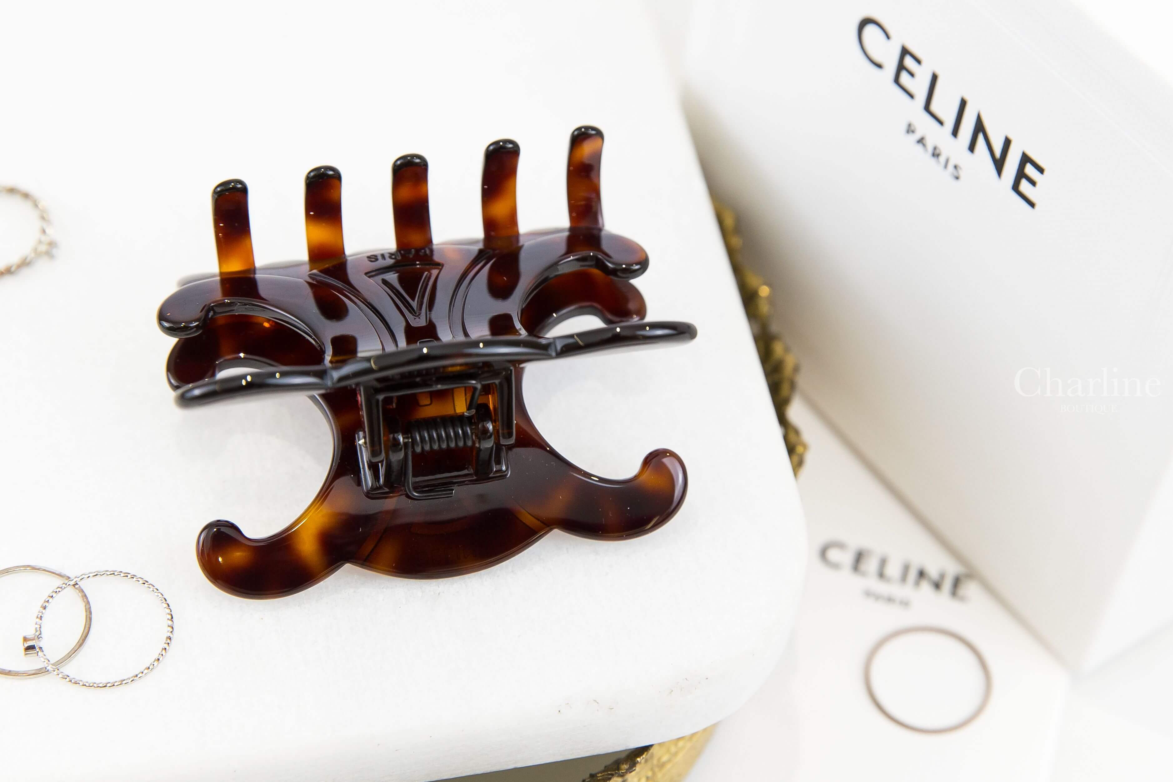 Celine Triomphe Large Hair Clip In Dark Havana Acetate And Steel 哈瓦那深棕色大型壓克力凱旋門髮夾-Charline Boutique 精品代購