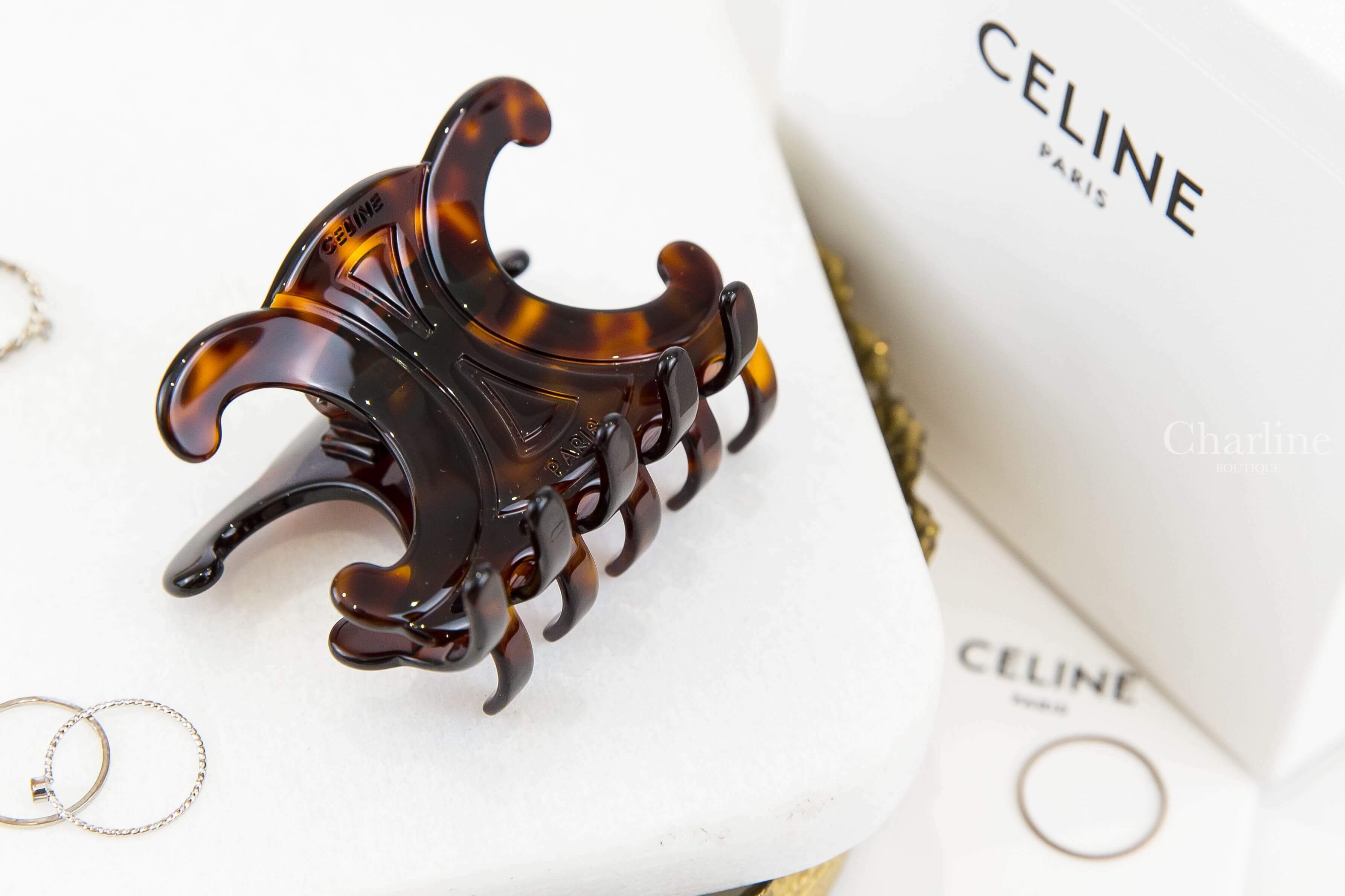 Celine Triomphe Large Hair Clip In Dark Havana Acetate And Steel 哈瓦那深棕色大型壓克力凱旋門髮夾-Charline Boutique 精品代購