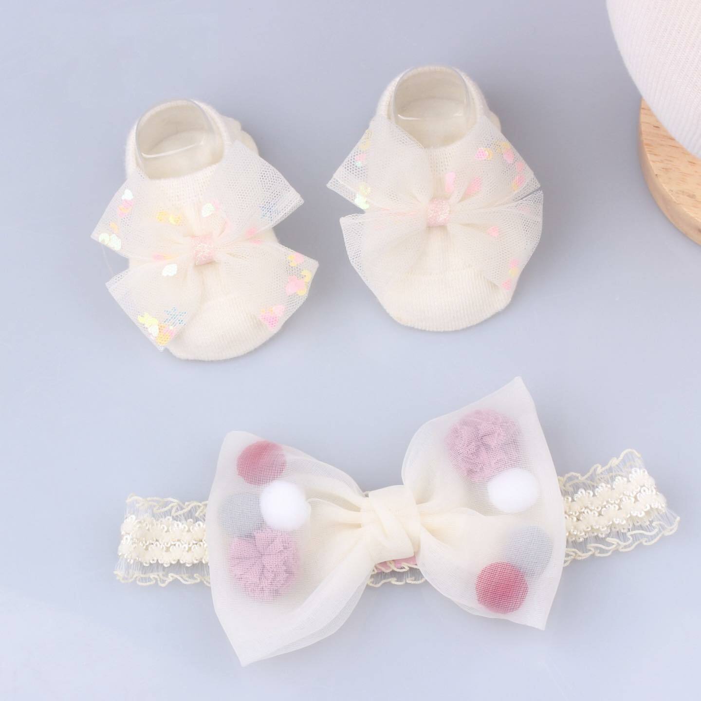 A176BE_SS23_C🟡🎀米色點點蝴蝶結髮帶連襪仔Set(pre-order)