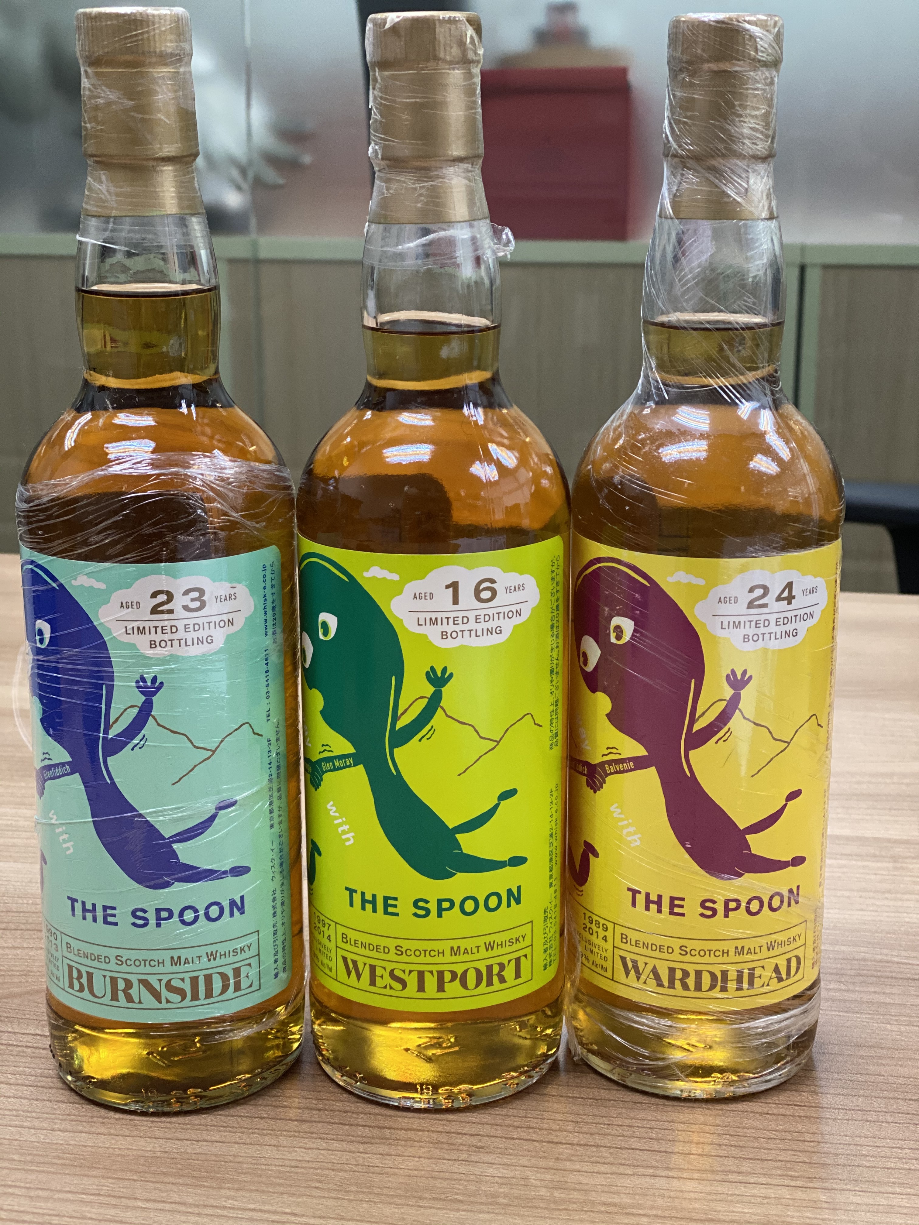 The Spoon  Wardhead 1989, 24 years Whisky,  Burnside 1990, 23 years whisky,  Westport 1997, 16 years whisky， Bottler by th Whisk-E Ltd