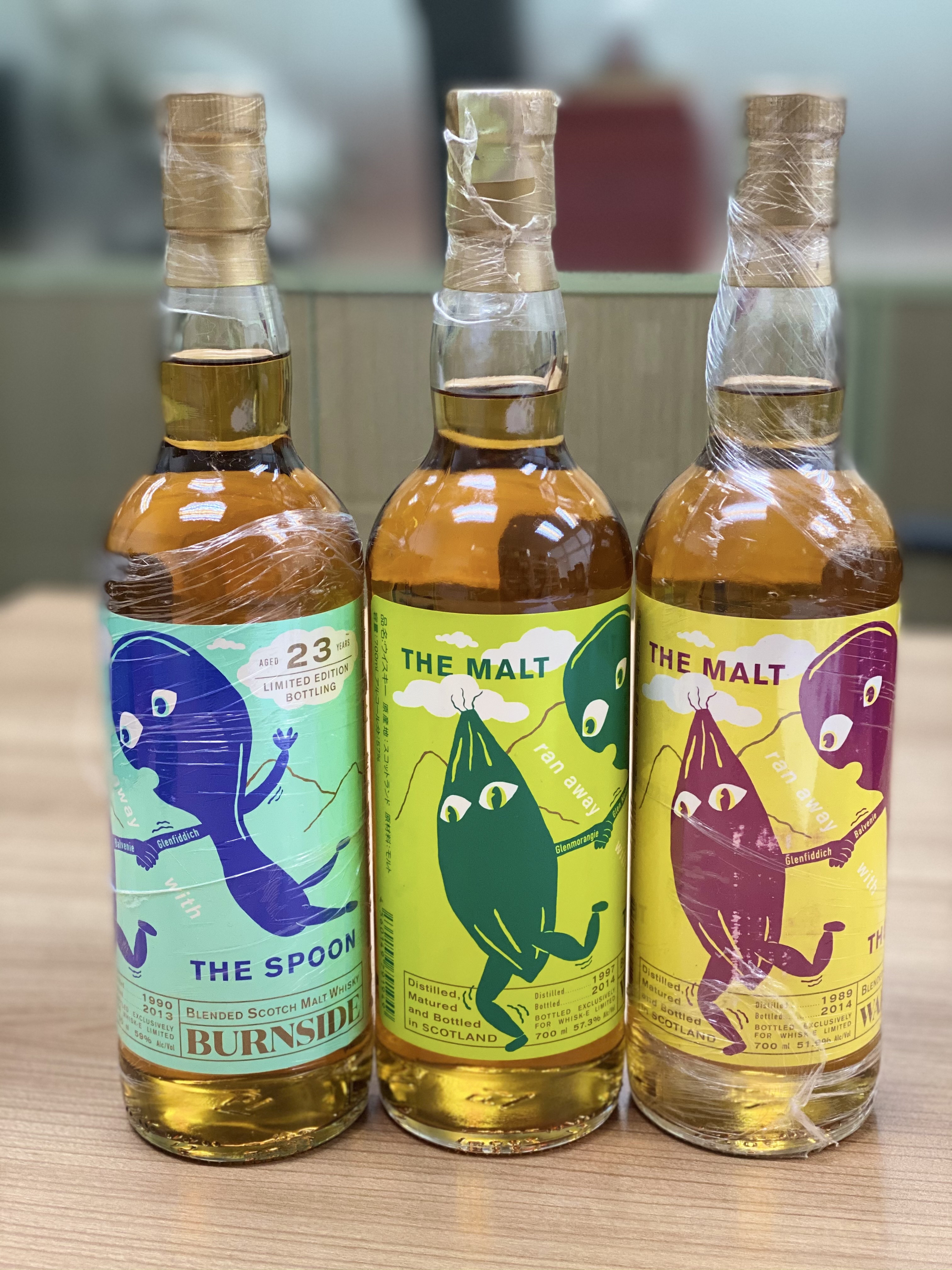 The Spoon  Wardhead 1989, 24 years Whisky,  Burnside 1990, 23 years whisky,  Westport 1997, 16 years whisky， Bottler by th Whisk-E Ltd