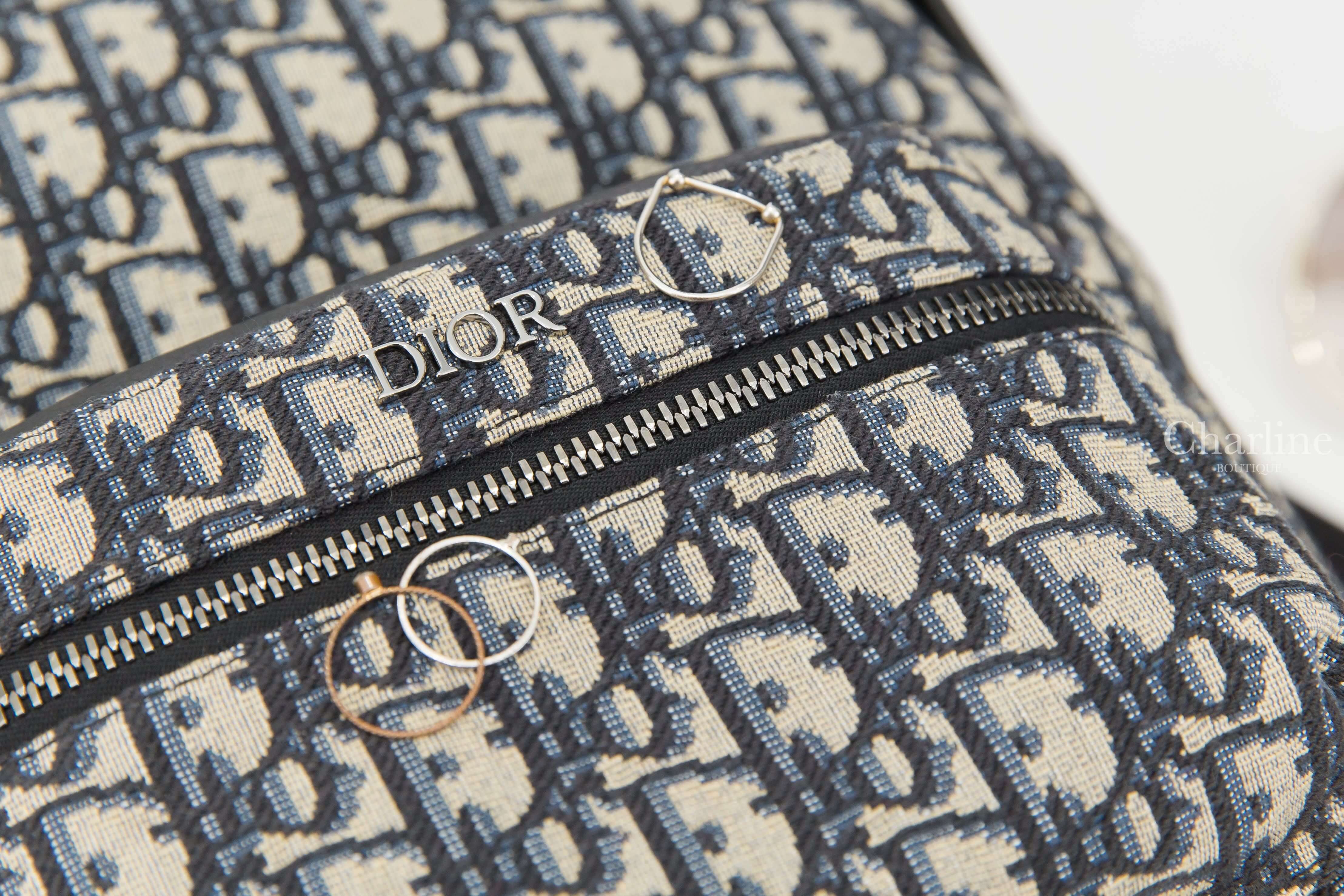 Dior Rider Backpack 米色底深藍復古老花帆布黑色小牛皮提把尼龍背帶手提後背包
