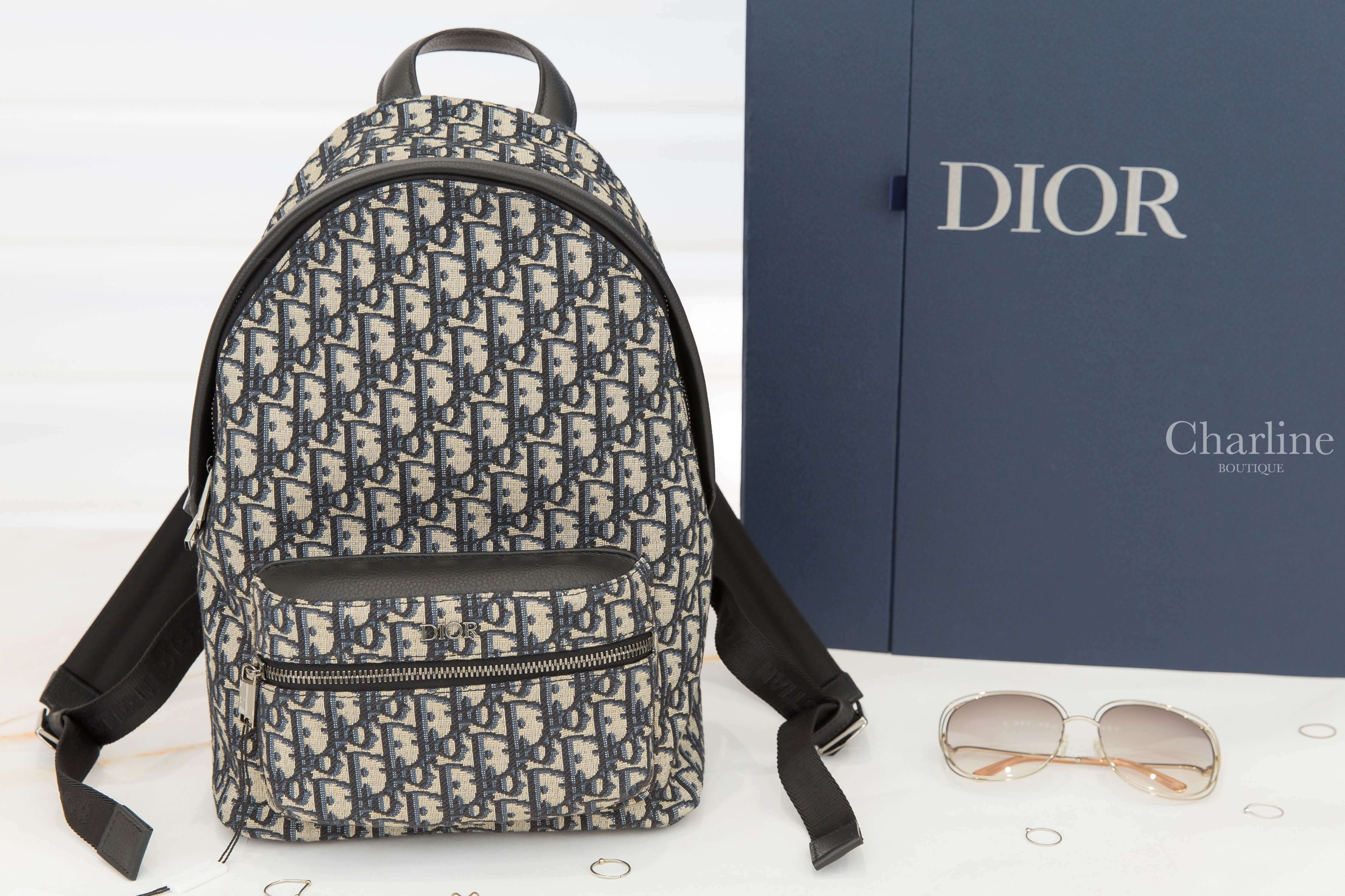 Dior Rider Backpack 米色底深藍復古老花帆布黑色小牛皮提把尼龍背帶手提後背包