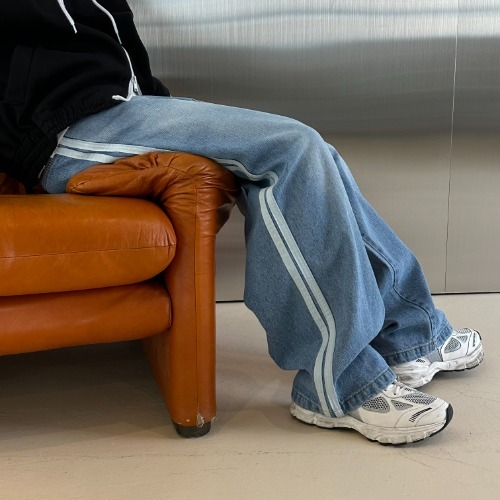 雙線條寬鬆闊腿牛仔褲