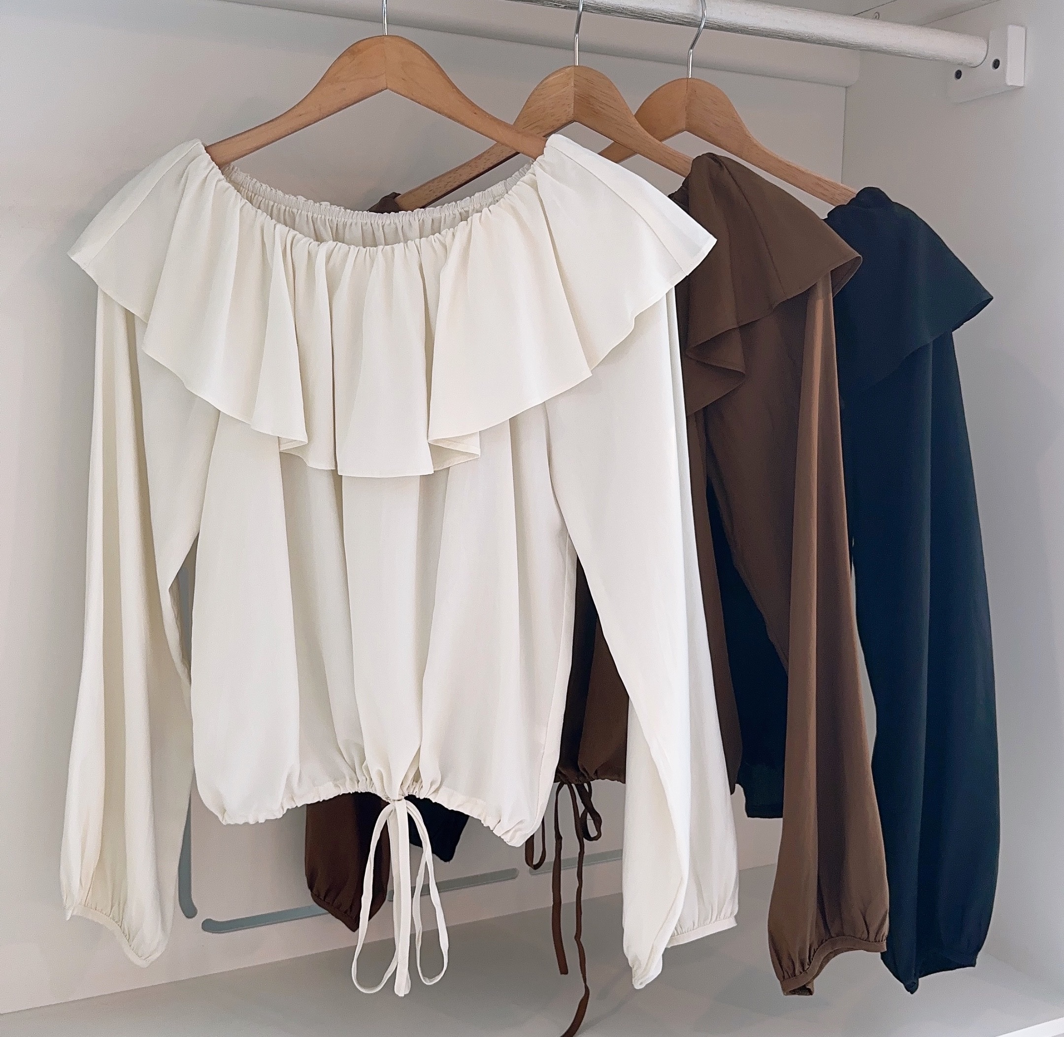 FRILLS LONG SLEEVE OFF SHOULDER BLOUSE