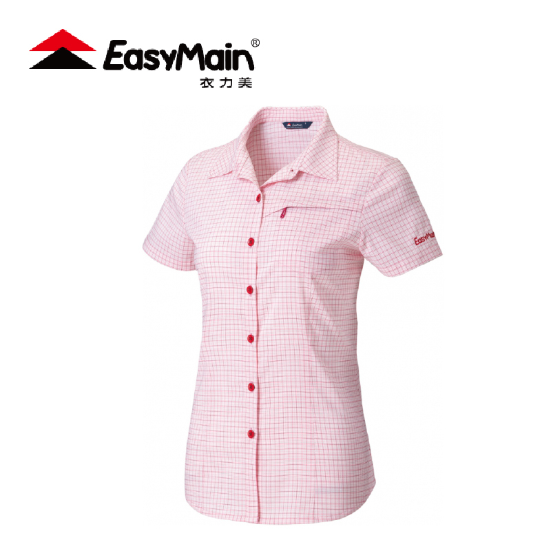 EasyMain 衣力美 彈性快乾防曬短袖格子衫 女款 (細粉紫) 排汗/透氣/吸汗/防曬 13EMS22012