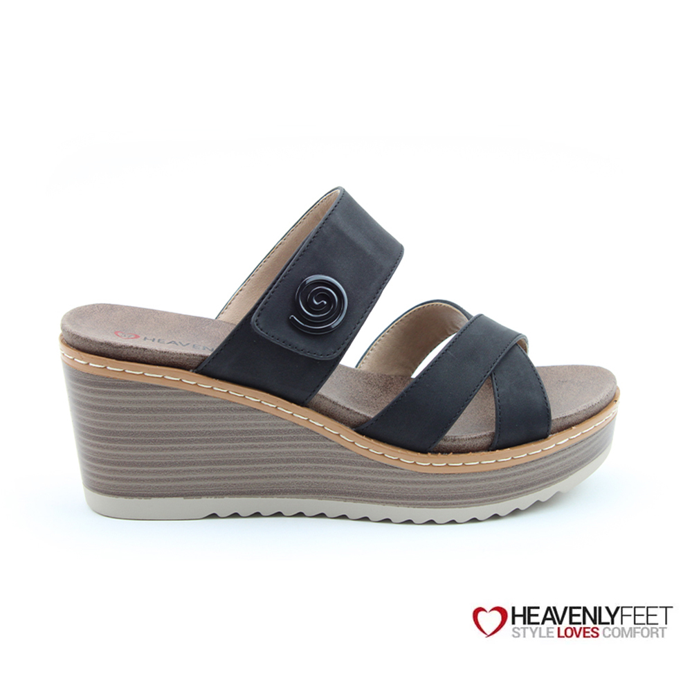 【HEAVENLY FEET】英國舒適品牌 | 氣質交叉一字帶楔型涼拖鞋 SAWYER 黑色