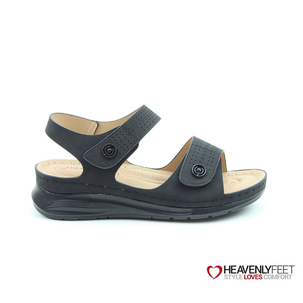 【HEAVENLY FEET】英國舒適品牌 | 沖孔雙魔術帶涼鞋 VELOUR 黑色