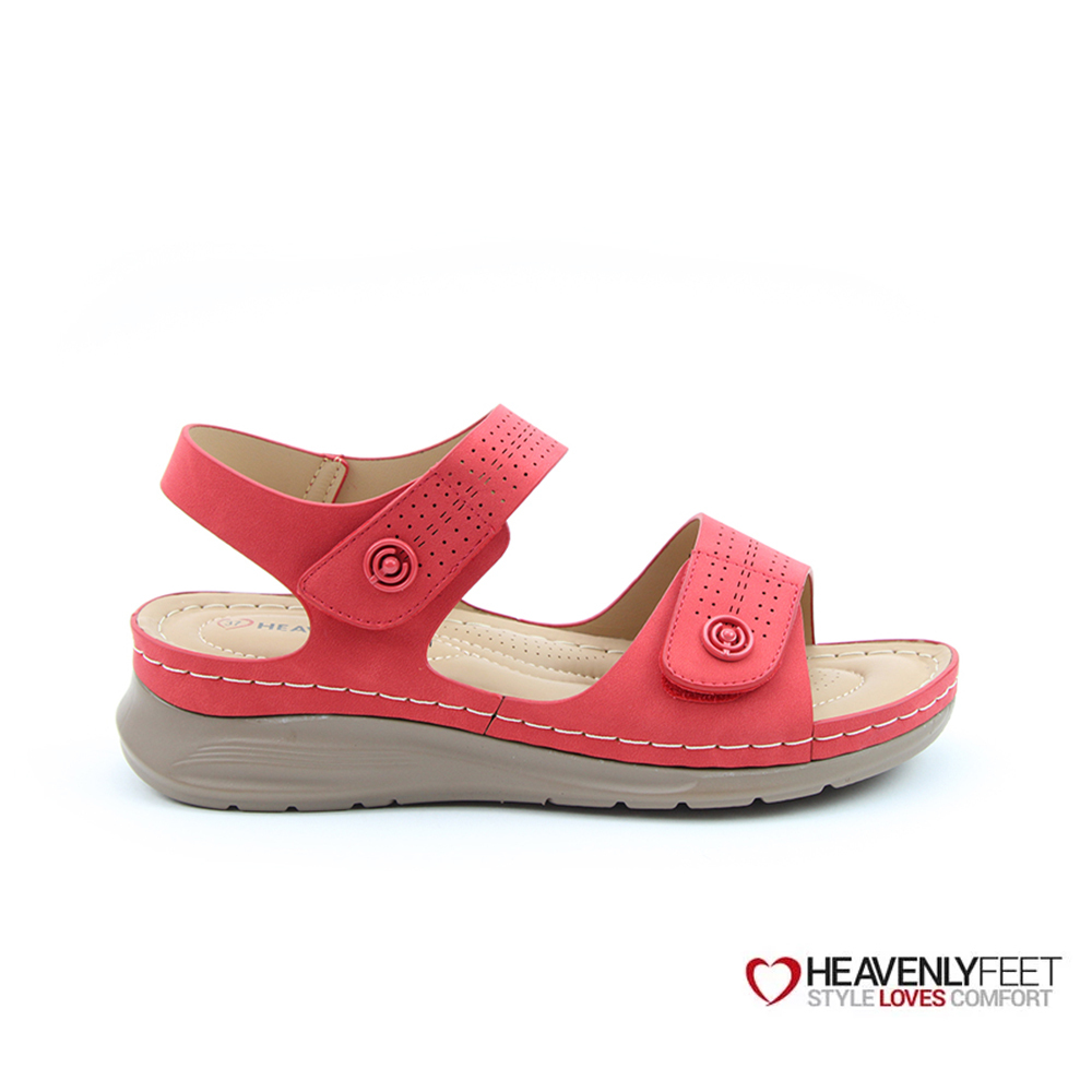 【HEAVENLY FEET】英國舒適品牌 | 沖孔雙魔術帶涼鞋 VELOUR 紅色