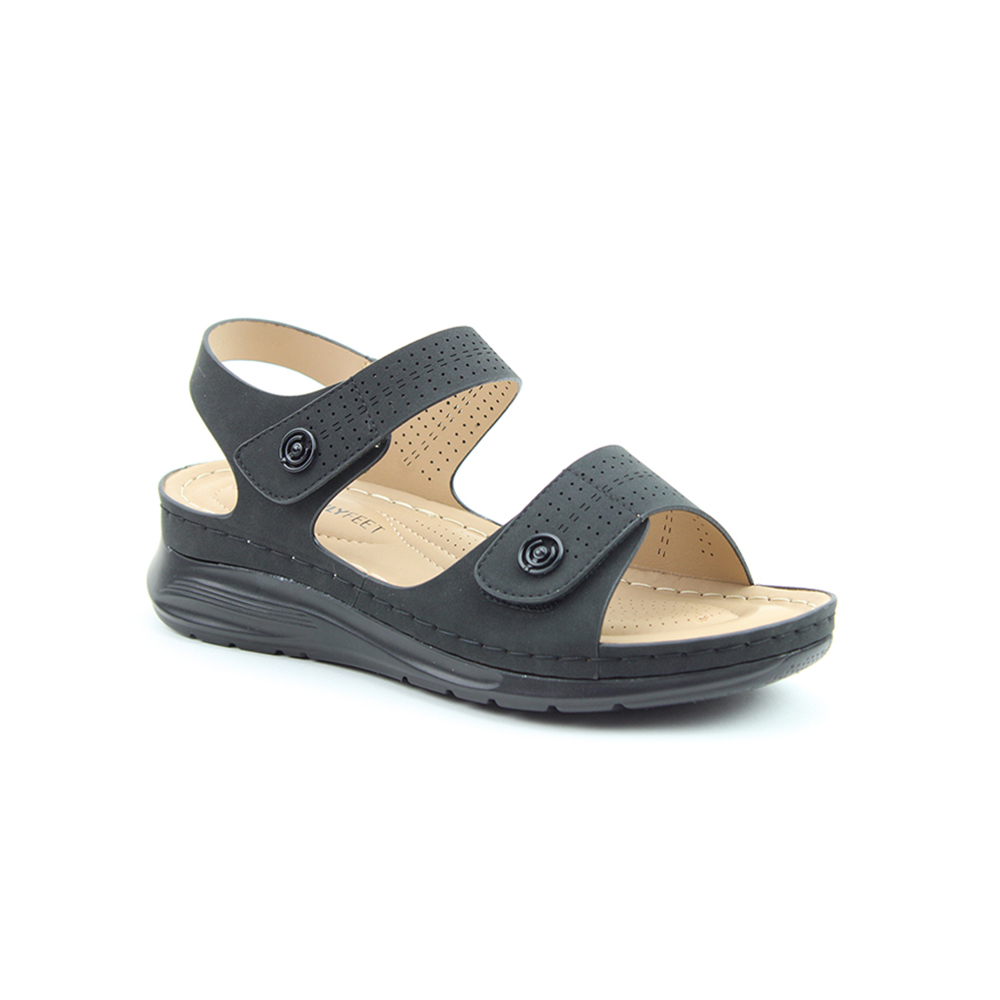 【HEAVENLY FEET】英國舒適品牌 | 沖孔雙魔術帶涼鞋 VELOUR 黑色