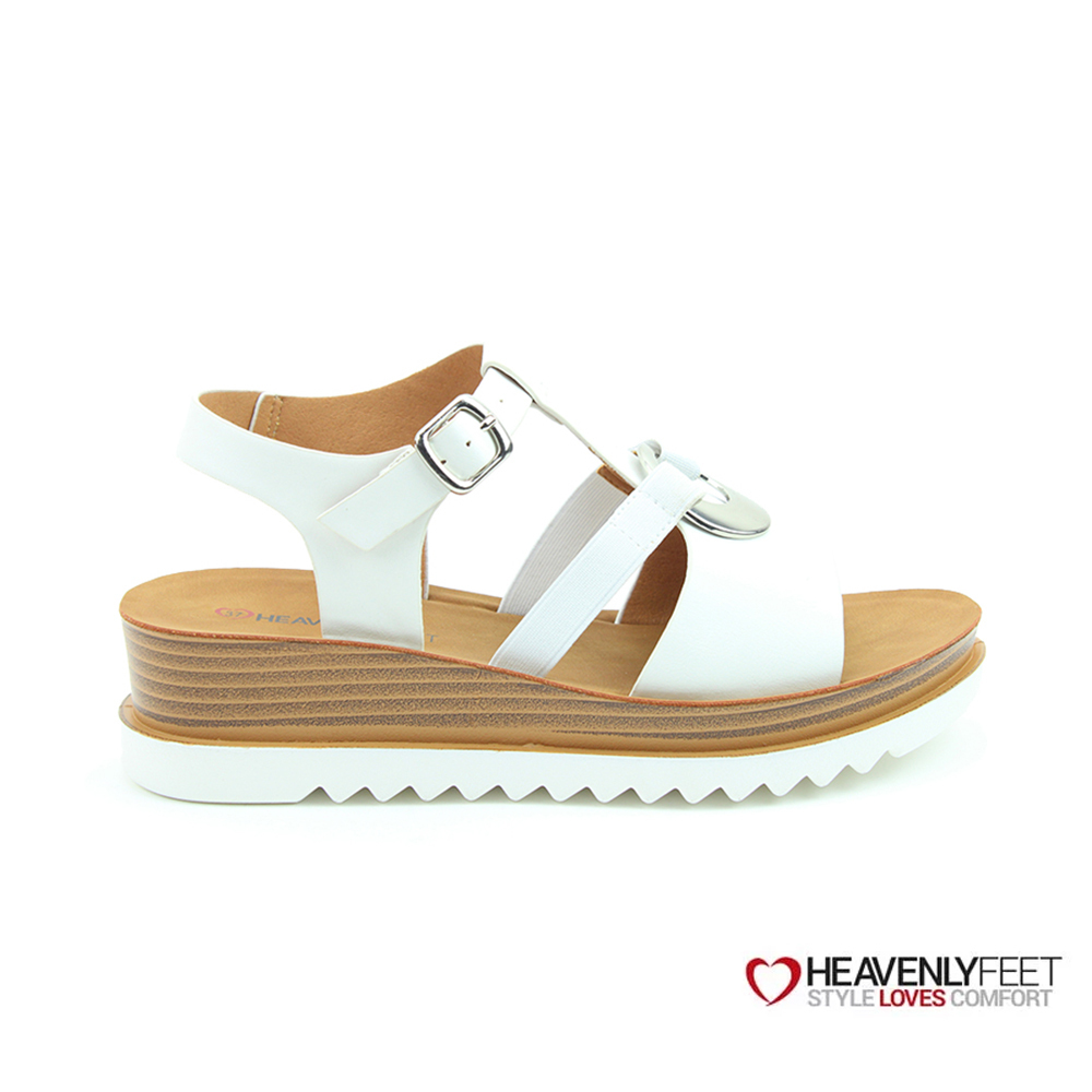 【HEAVENLY FEET】英國舒適品牌 | 復古皮感仿層皮楔型凉鞋 CARAWAY 白色