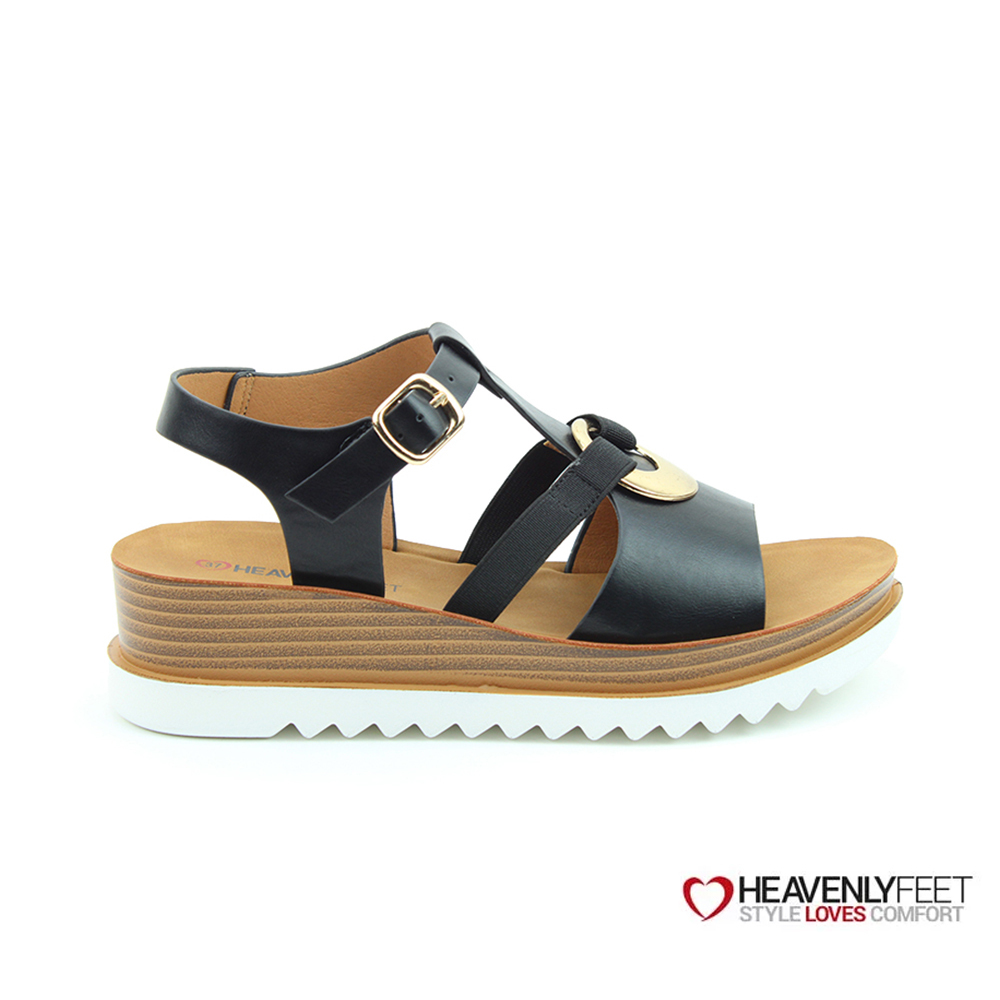 【HEAVENLY FEET】英國舒適品牌 | 復古皮感仿層皮楔型凉鞋 CARAWAY 黑色