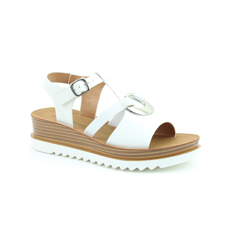 【HEAVENLY FEET】英國舒適品牌 | 復古皮感仿層皮楔型凉鞋 CARAWAY 白色