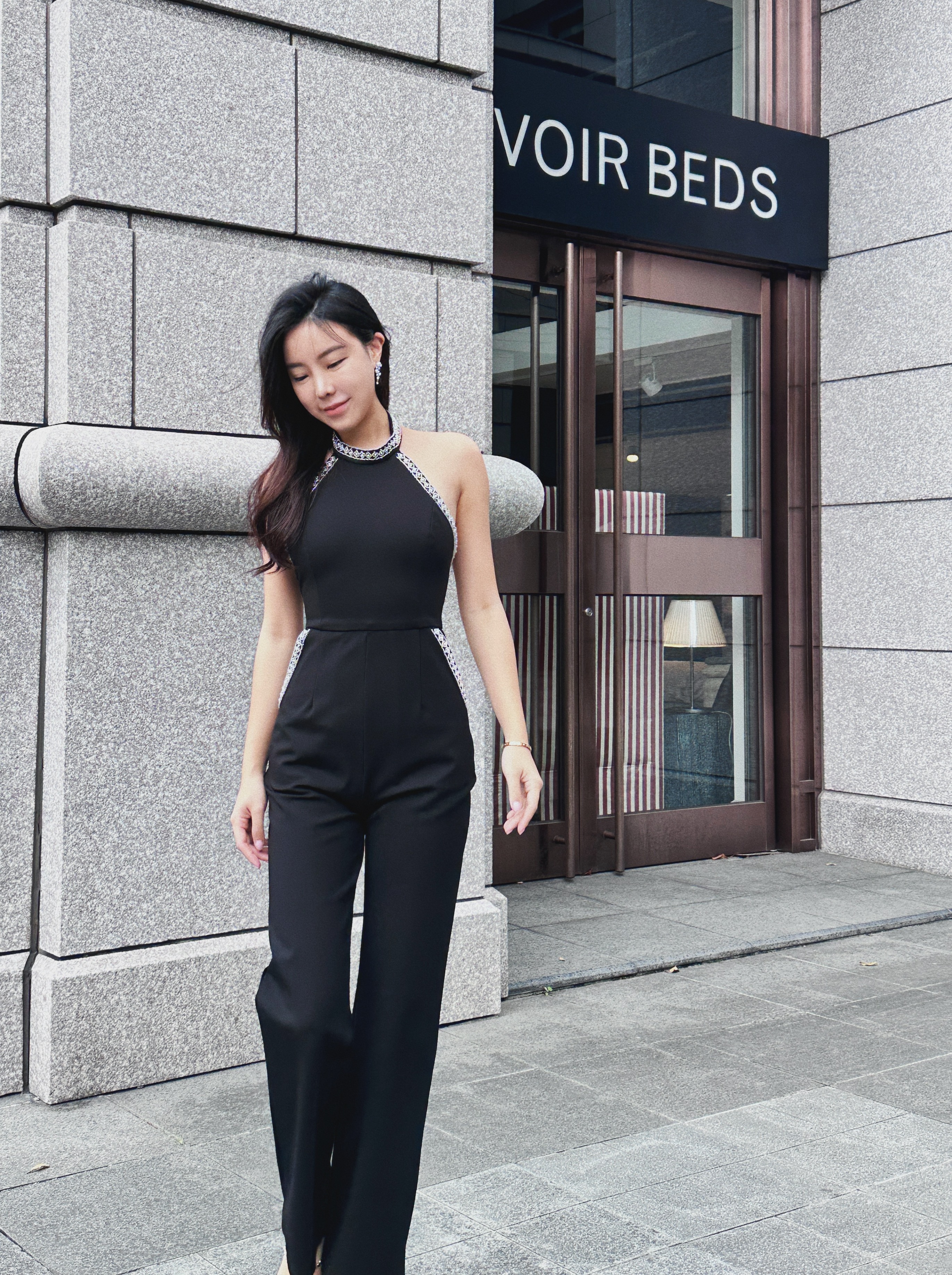 Hashtag 心動符號 珍珠削肩露背連身長褲