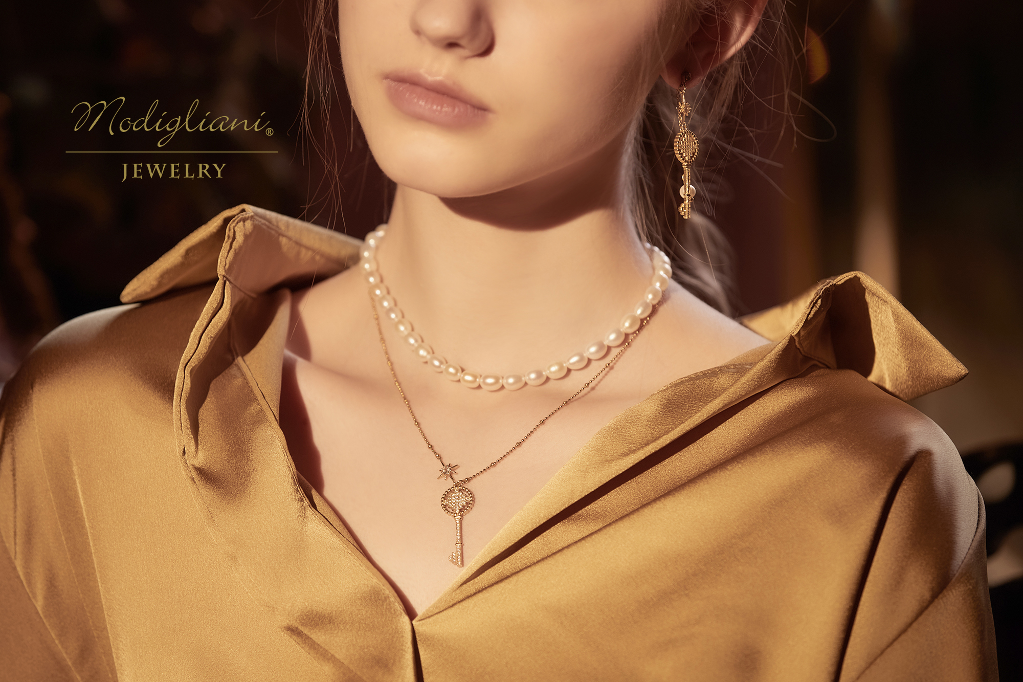 黃銅飾品, 項鍊, 飾品, 黃銅, 鋯石,珍珠,天然珍珠,雙層項鍊,氣質,鑰匙