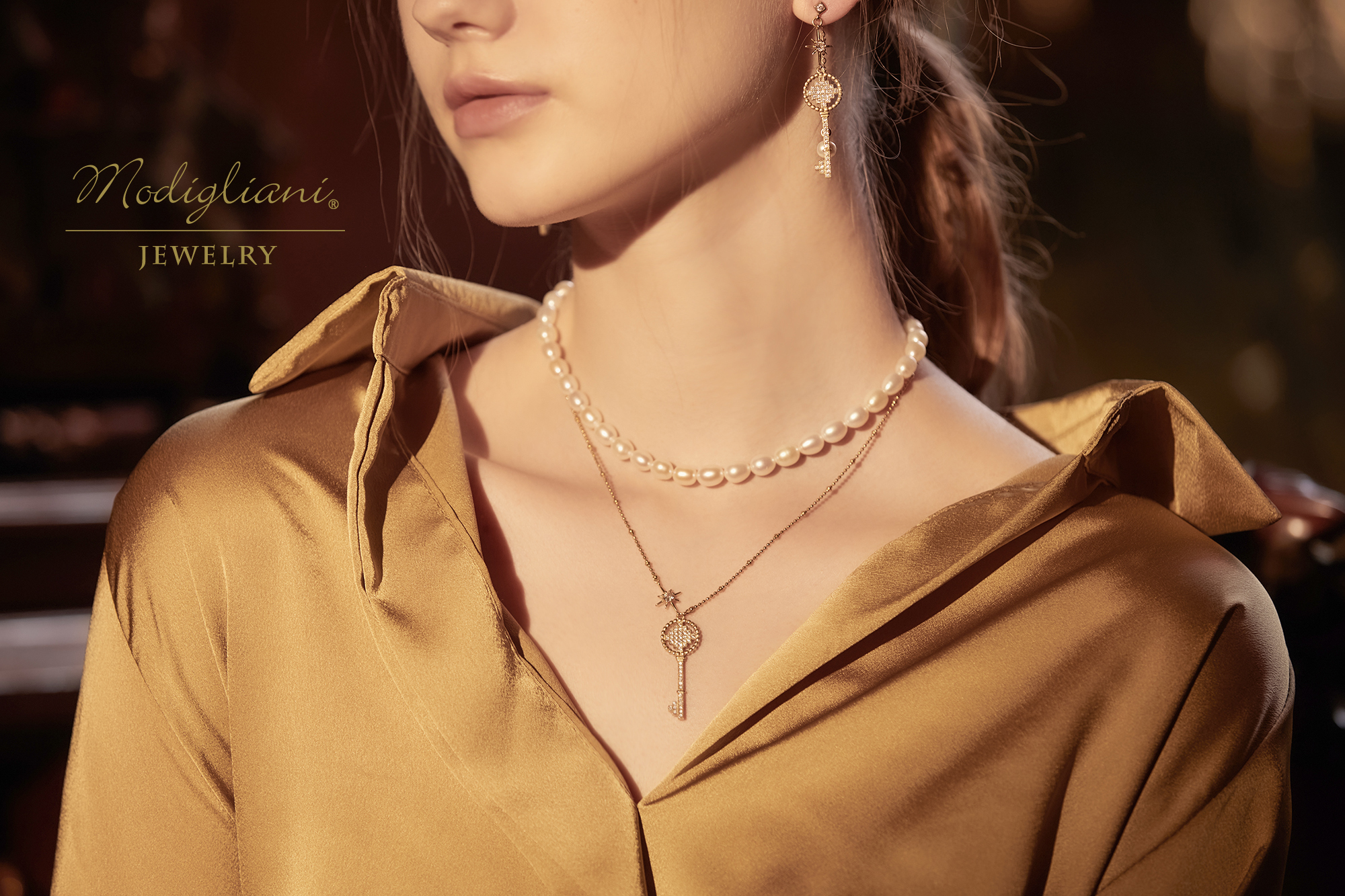 黃銅飾品, 項鍊, 飾品, 黃銅, 鋯石,珍珠,天然珍珠,雙層項鍊,氣質,鑰匙