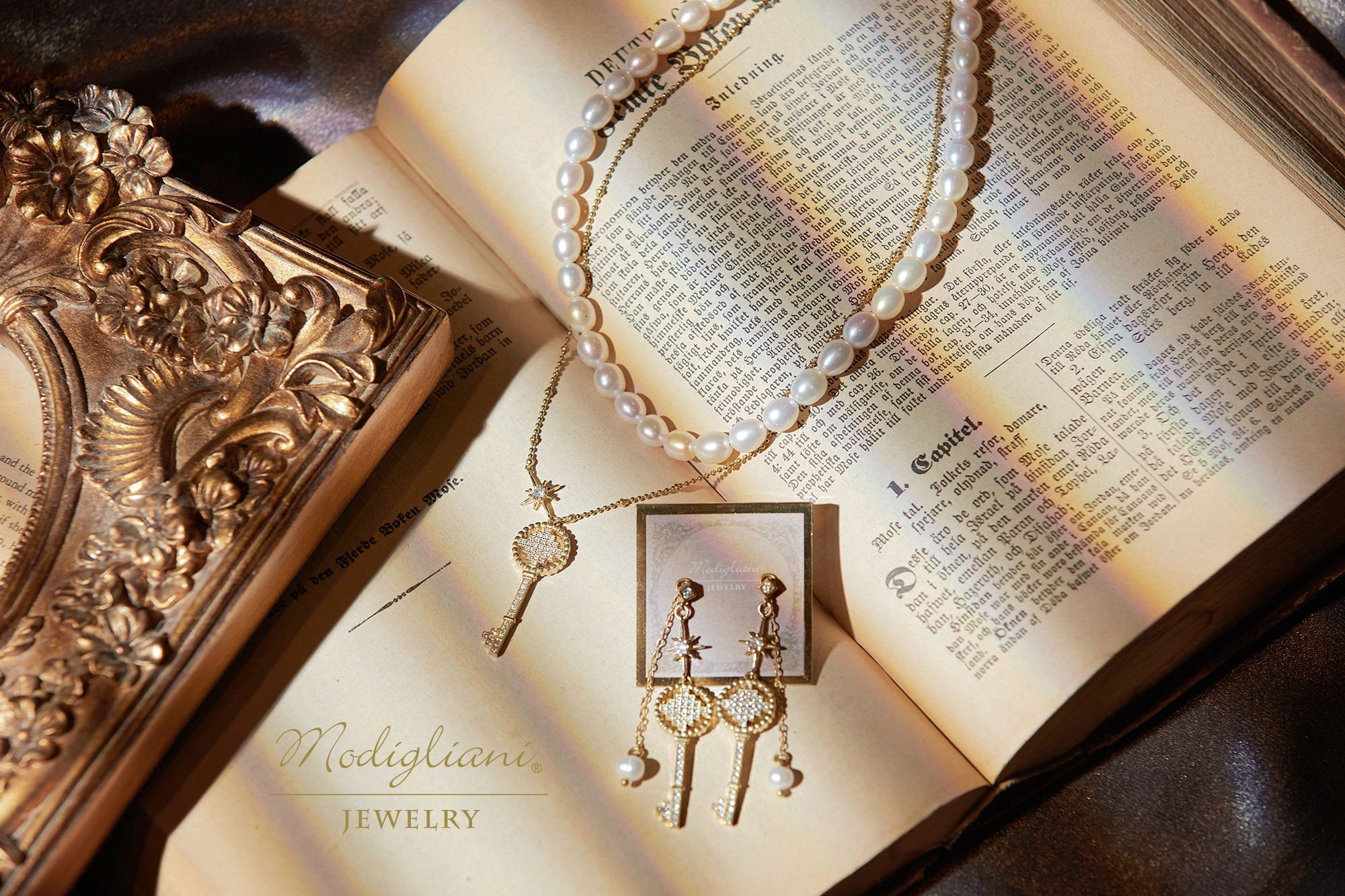 黃銅飾品, 項鍊, 飾品, 黃銅, 鋯石,珍珠,天然珍珠,雙層項鍊,氣質,鑰匙