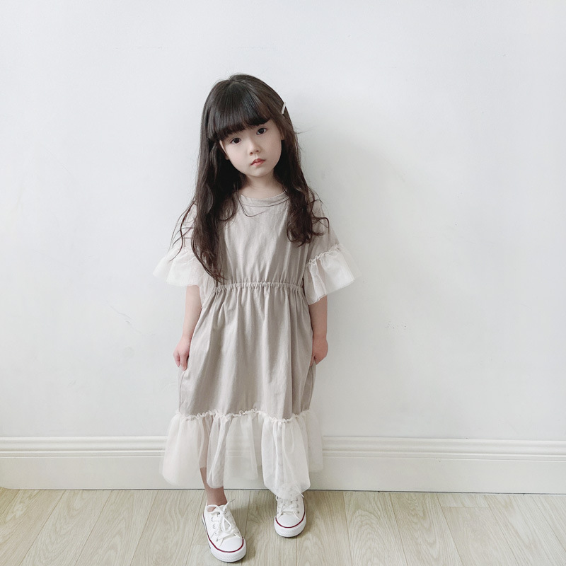 現貨 100cm 親子款 拼接網紗收腰洋裝 米杏