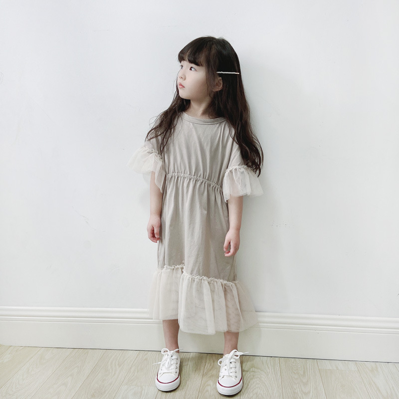 現貨 100cm 親子款 拼接網紗收腰洋裝 米杏