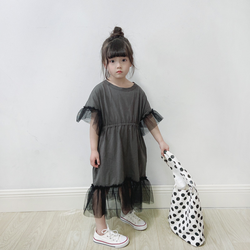 親子款 拼接網紗收腰洋裝 深灰色