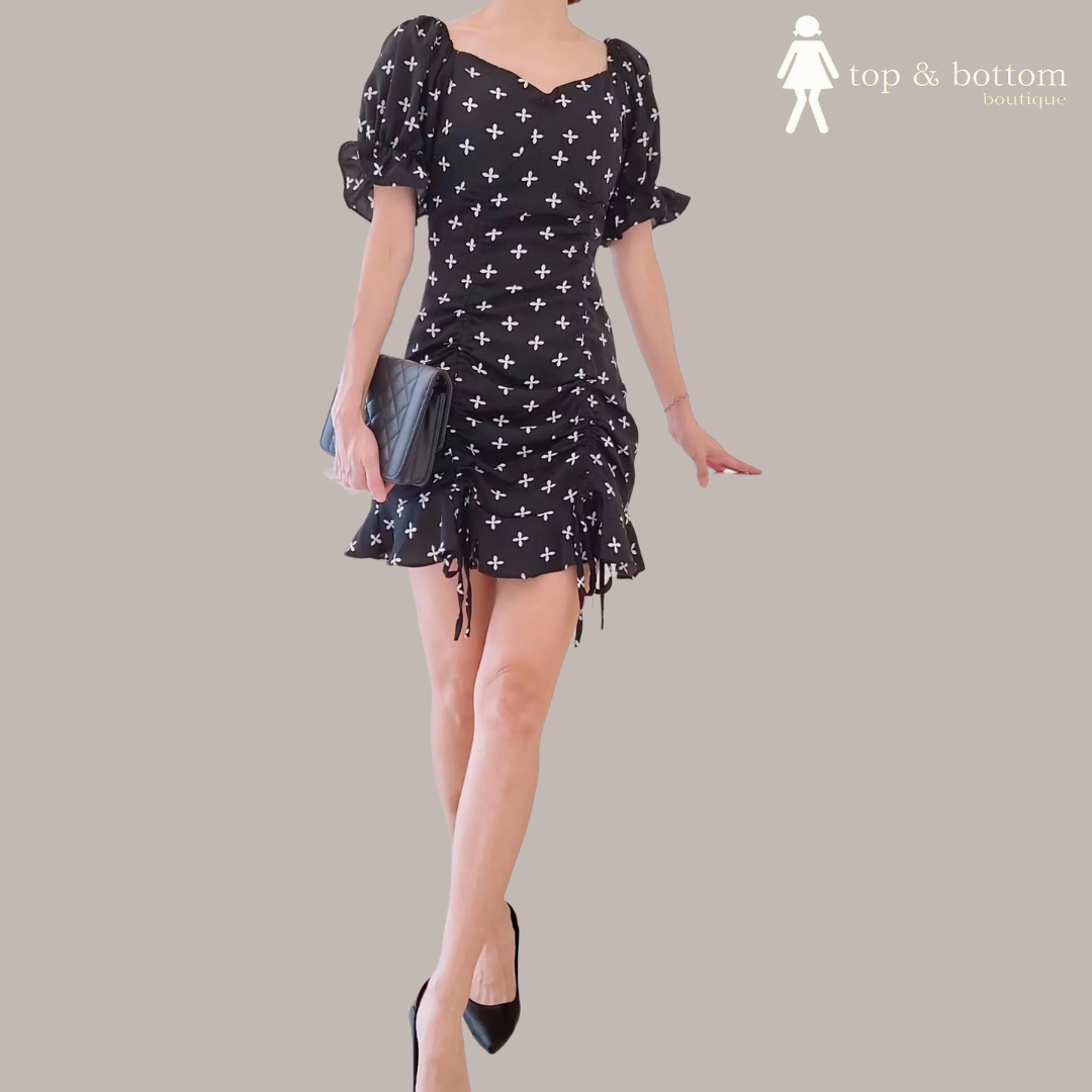 DRAWSTRING FRONT PRINTED SHORT DRESS