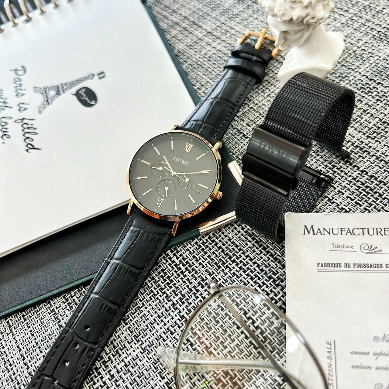 【LOVME】三眼米蘭錶帶禮盒時尚手錶 VM1089M-43-341-3 41mm 現代鐘錶