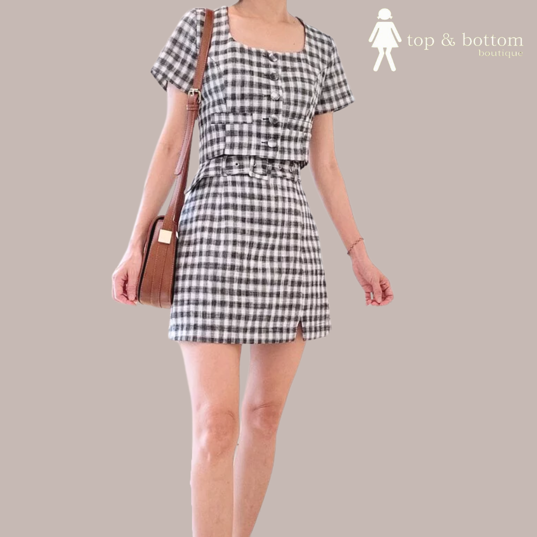 S/SLEEVE CHECKED SKIRT SET SUIT (2 PCS)