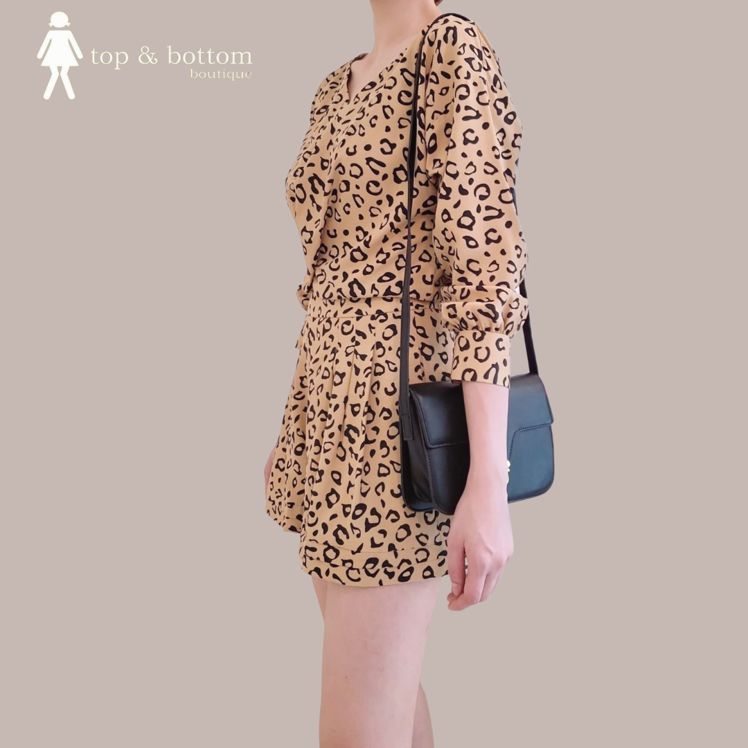 LONG SLEEVE LEOPARD PRINT BLOUSE & SHORTS SET SUIT (2PCS)