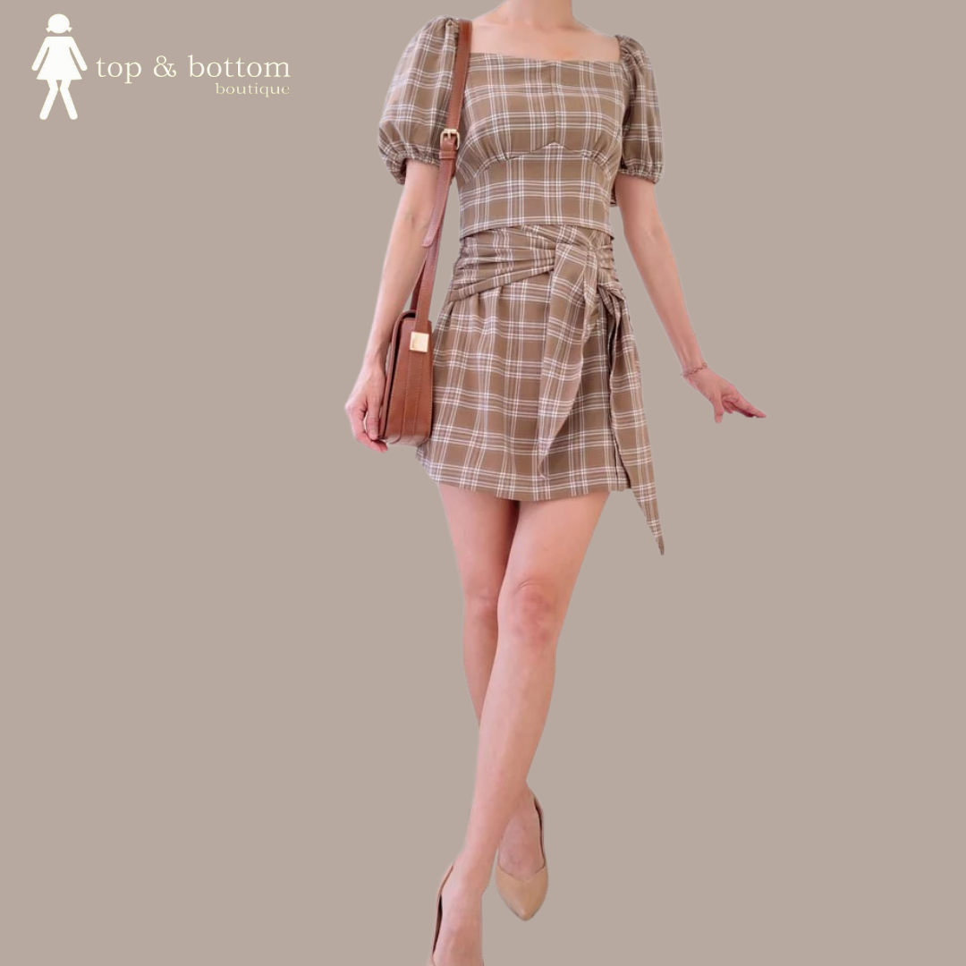PLAID PUFF SLEEVE BLOUSE & SKIRT 2 PCS SET SUIT