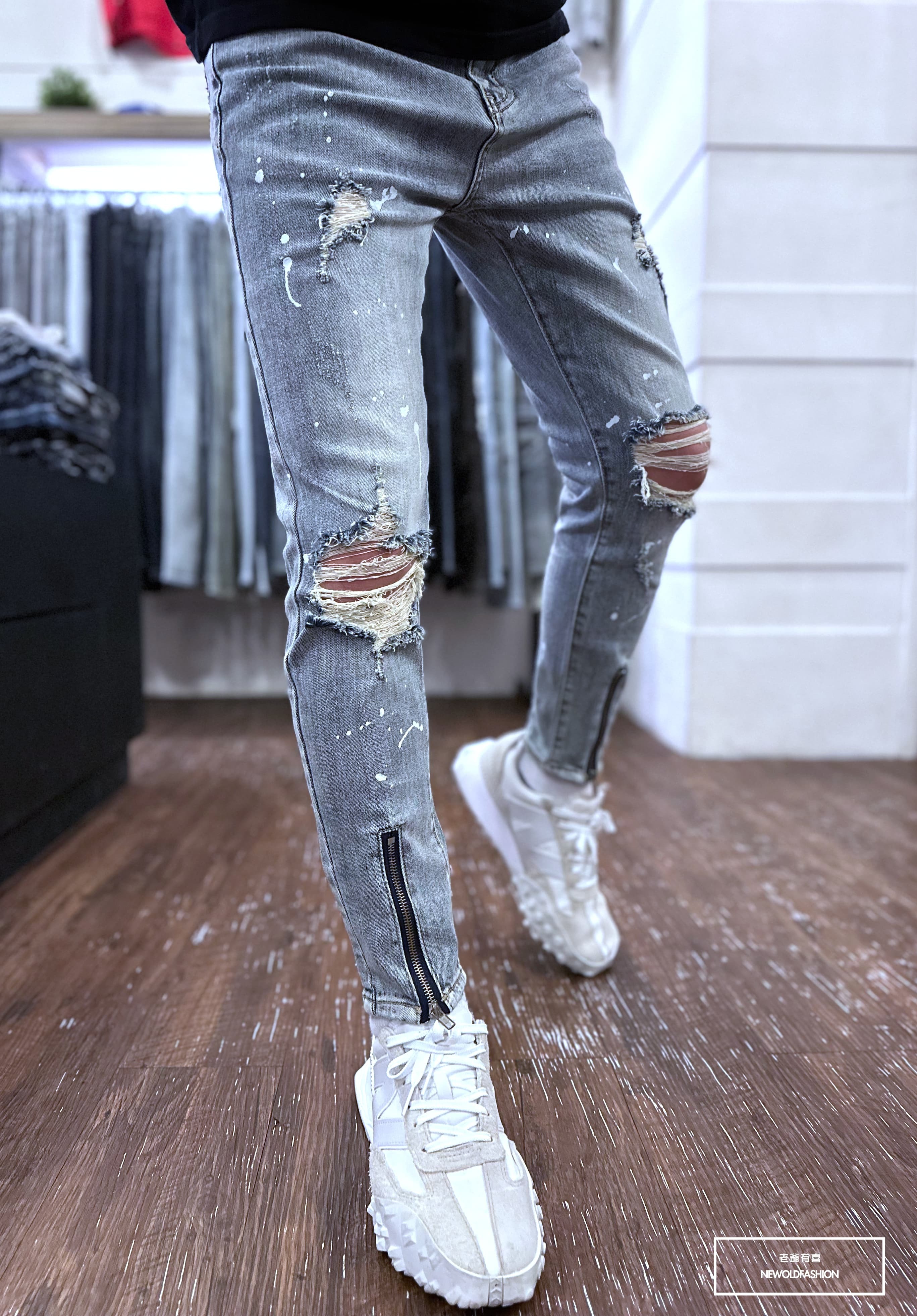 『新品上市』重磅潑漆破壞拉鍊小直筒牛仔褲(NOF23023833)