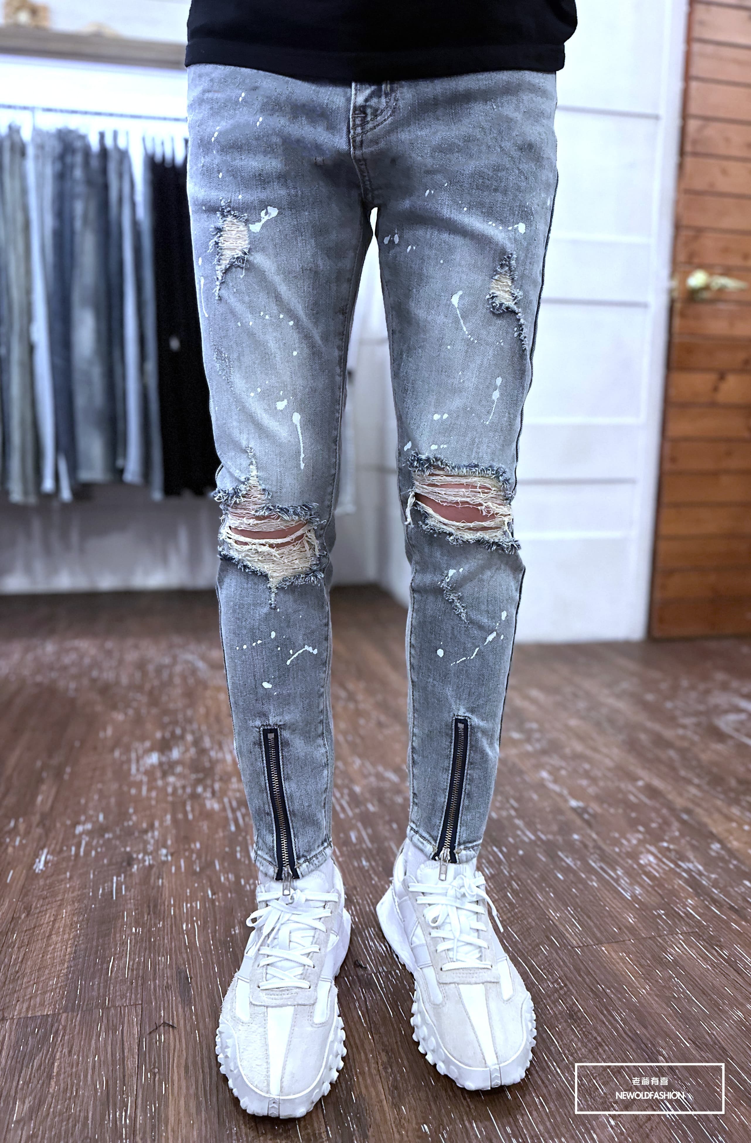 重磅潑漆破壞拉鍊小直筒牛仔褲